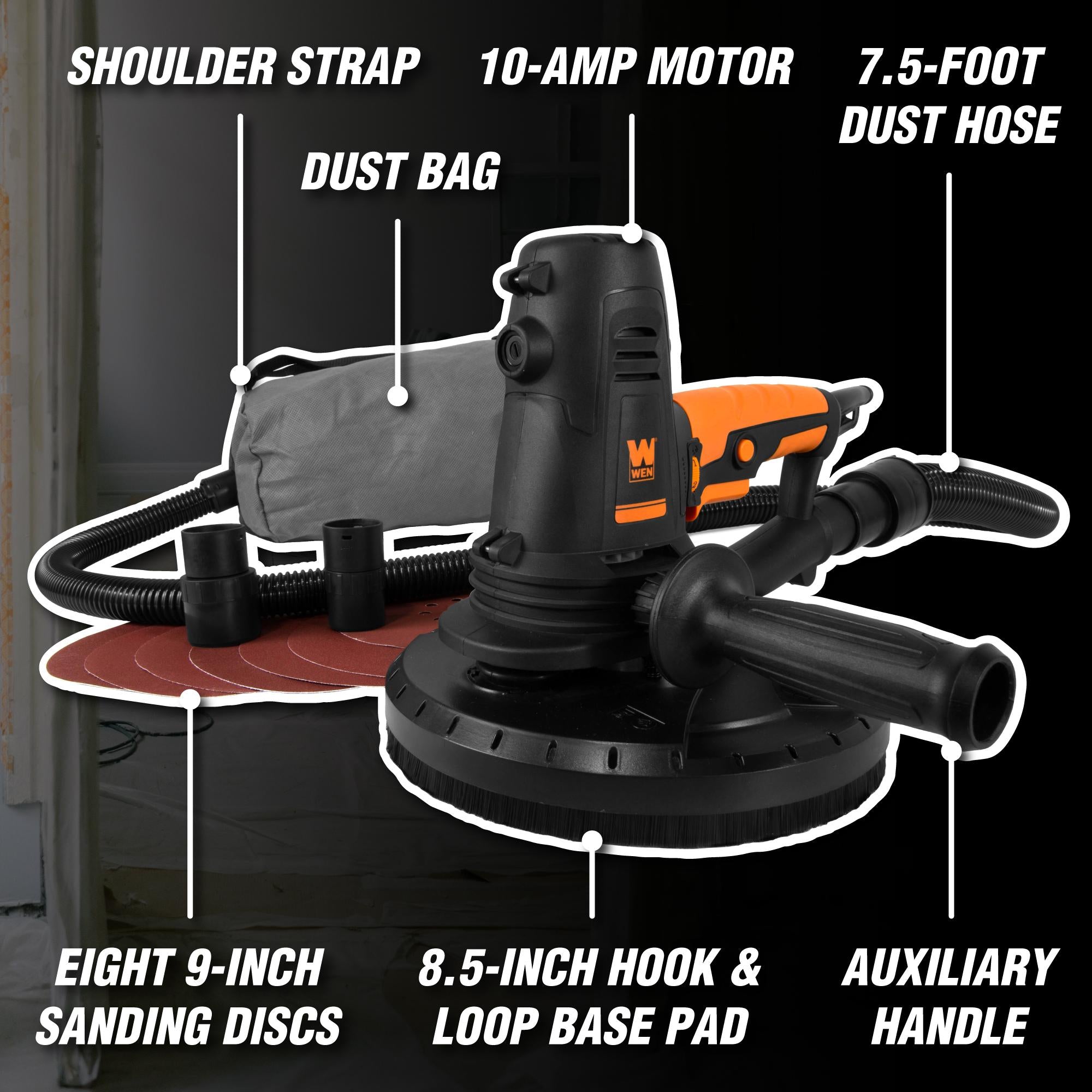 WEN DW1085 10 Amp Variable Speed Handheld Drywall Sander with Dust Hose & Collection Bag - Perfect for Drywall Sanding, Wall Repair & Home Renovation Projects