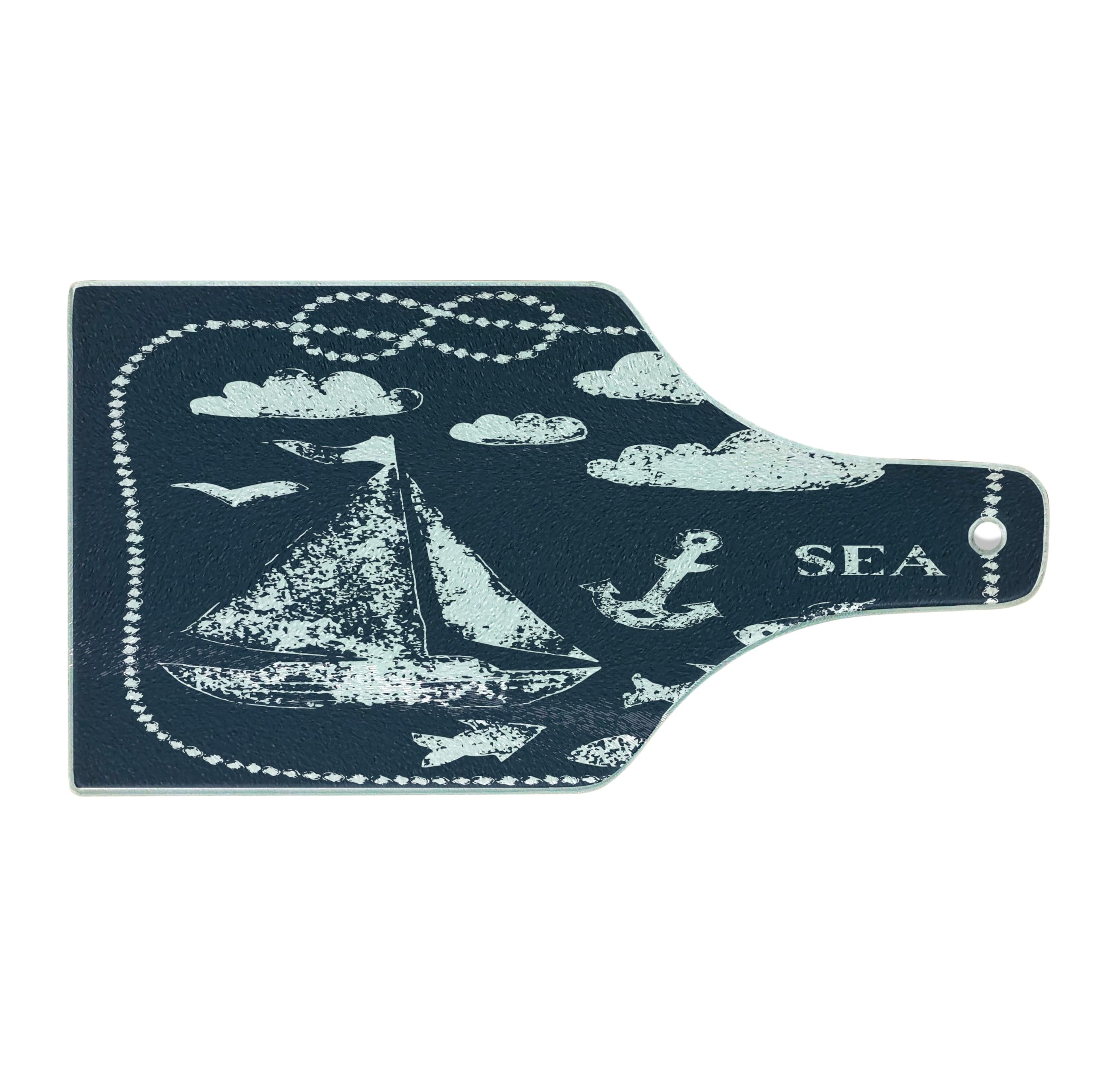 Ambesonne Navy Blue Tempered Glass Cutting Board - Sea Themed Marine Underwater Yacht Cruise Pattern - Decorative Serving Board with Wine Bottle Shape - Perfect for Kitchen, Dining & Entertaining - Navy & White