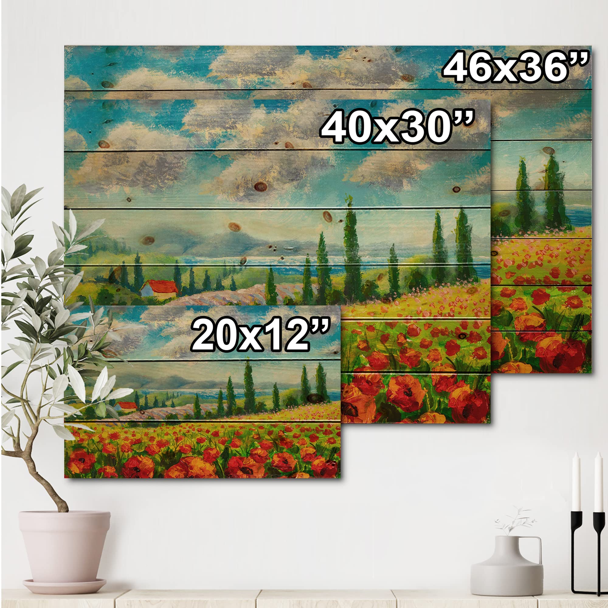Traditional Italian Poppies Landscape Wood Wall Art - Large Floral Pine Wood Panel Decor for Living Room, Bedroom & Office | Hand-Painted Red Wood Wall Hanging for Home & Office Decoration