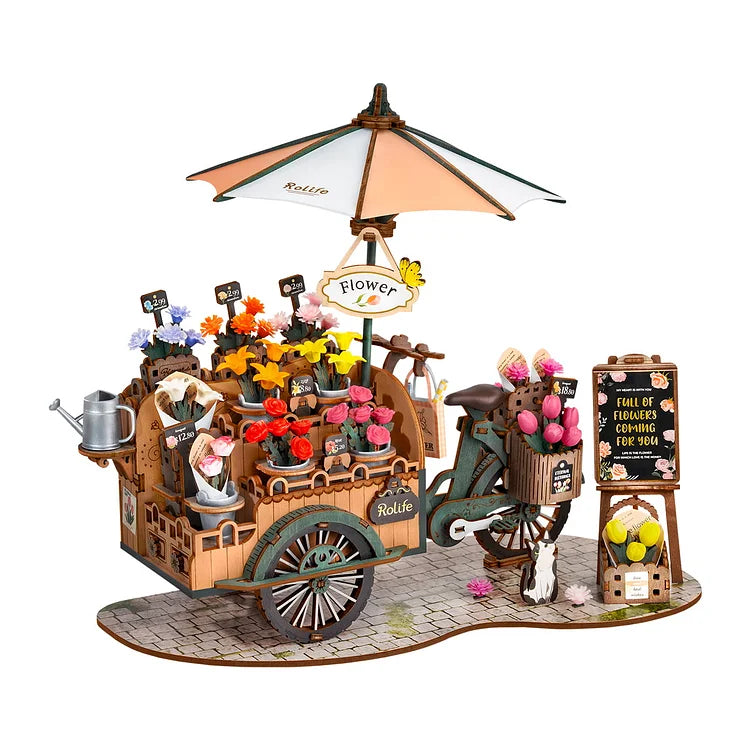 Rolife Blossom Cart 3D Wooden Puzzle Kit - DIY Flower Cart Model for Adults & Teens - Creative Home Decor & Gift Idea for Birthday, Christmas - Relaxing Craft Project for Stress Relief & Mindfulness