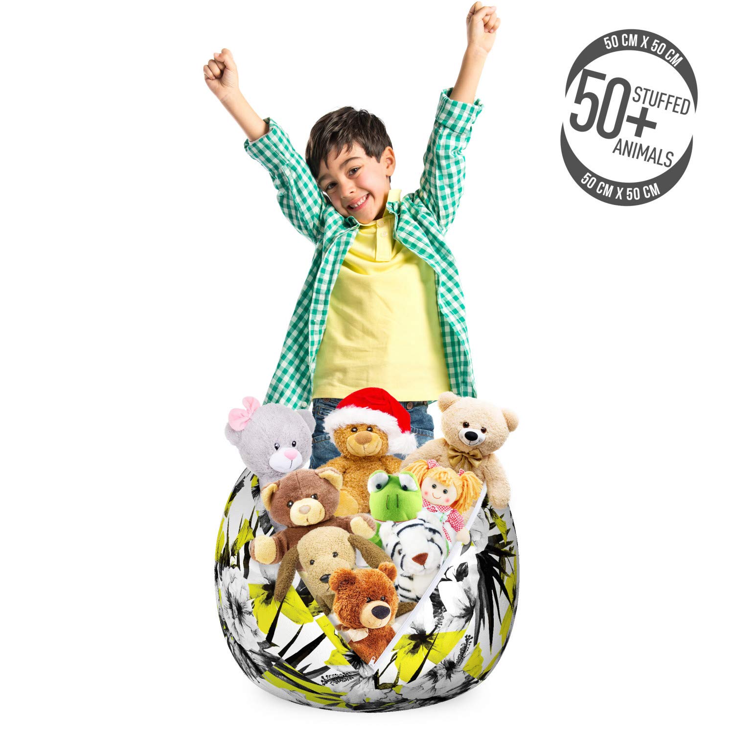 Ambesonne Floral Toy Storage Bag Chair - Modern Hibiscus Buds & Blossoms Design, Washable Stuffed Animal Organizer, Small Size in Charcoal Grey & Yellow - Perfect for Kids' Room, Nursery, or Playroom Organization