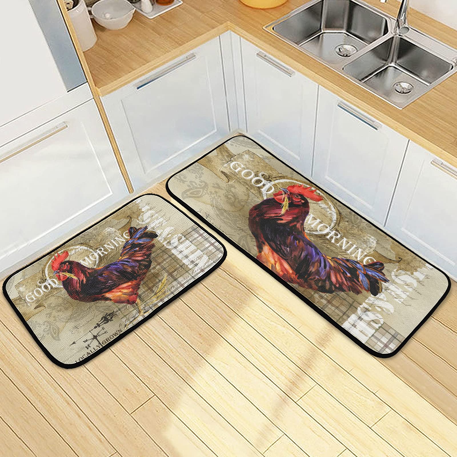 SUABO Non-Slip Kitchen Mat Set of 2 - Vintage Rooster Design Floor Rug & Standing Mats for Comfortable Cooking - Perfect for Kitchens, Pantries & Food Prep Areas