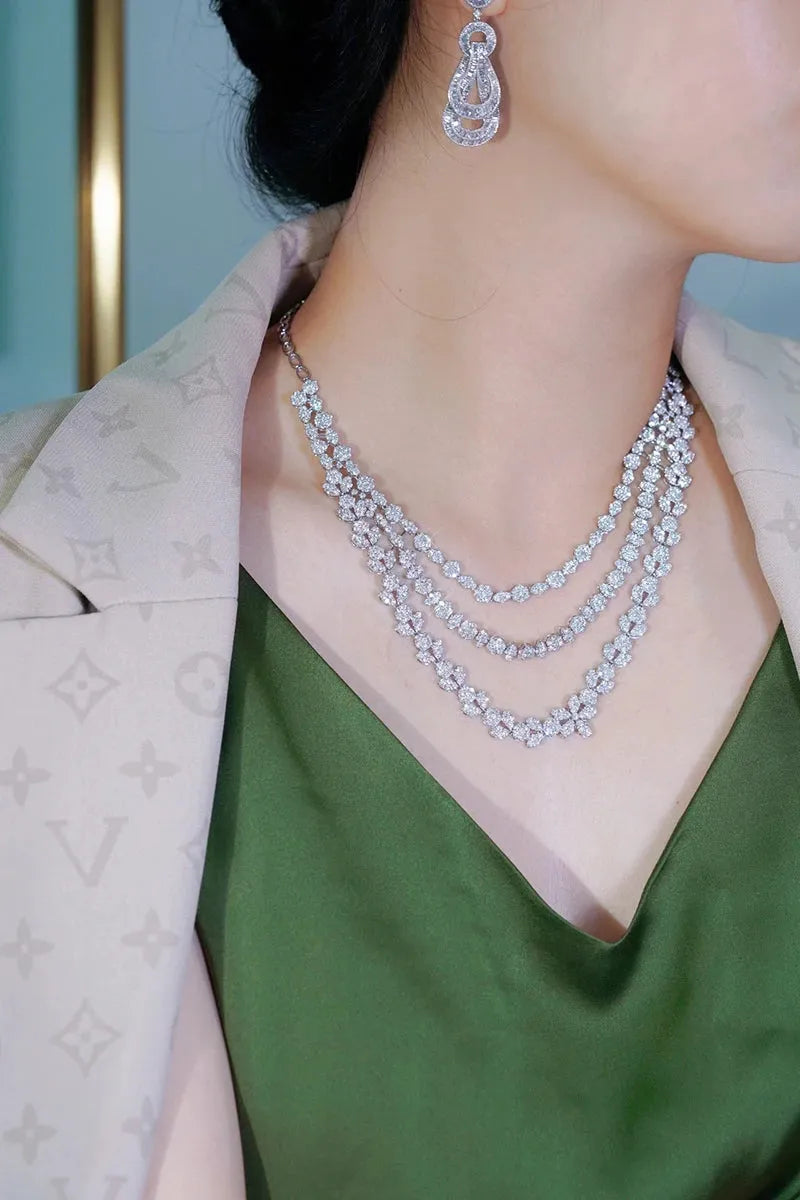 18K White Gold Luxury Three-Layer Diamond Necklace for Women | 20.50 Carat Natural Real Diamonds | Elegant Party Jewelry & Gift for Anniversary, Wedding, Prom | Shiny Statement Piece for Evening Events & Special Occasions
