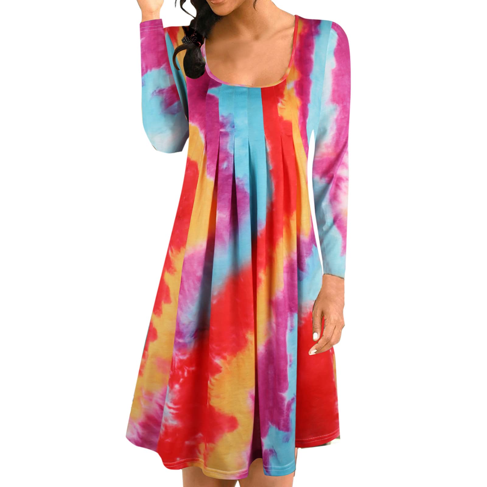 ETHKIA Women's Sexy Casual Print Pleated Swing Dress - O Neck Long Sleeve Short Dress for Party, Date Night & Summer Outfits