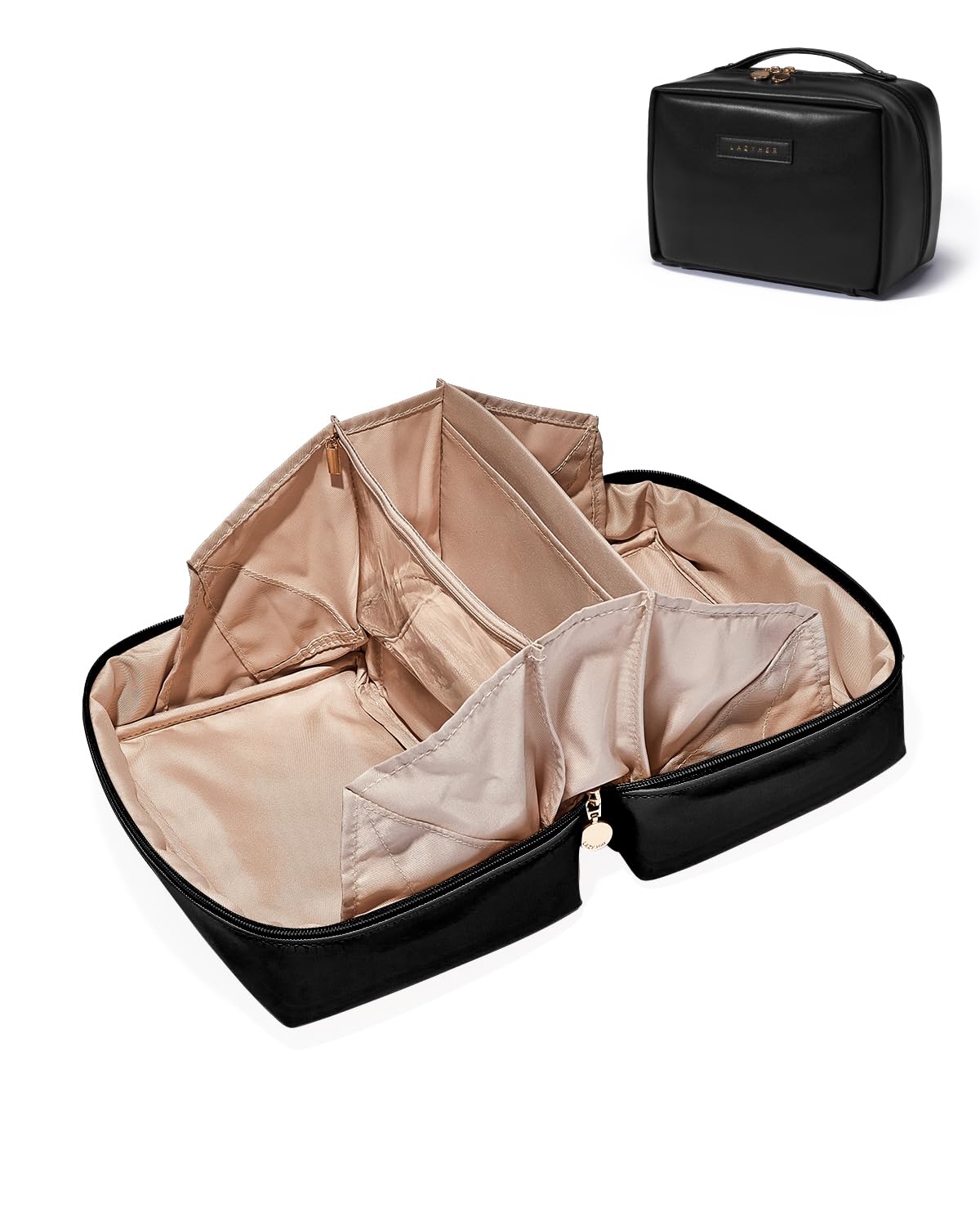 EACHY Large Waterproof Travel Makeup Bag for Women - Spacious Cosmetic Organizer with TPU Brush Pouch, Portable Flat Open Design (Black) | Perfect for Vacation, Gym & Daily Makeup Storage