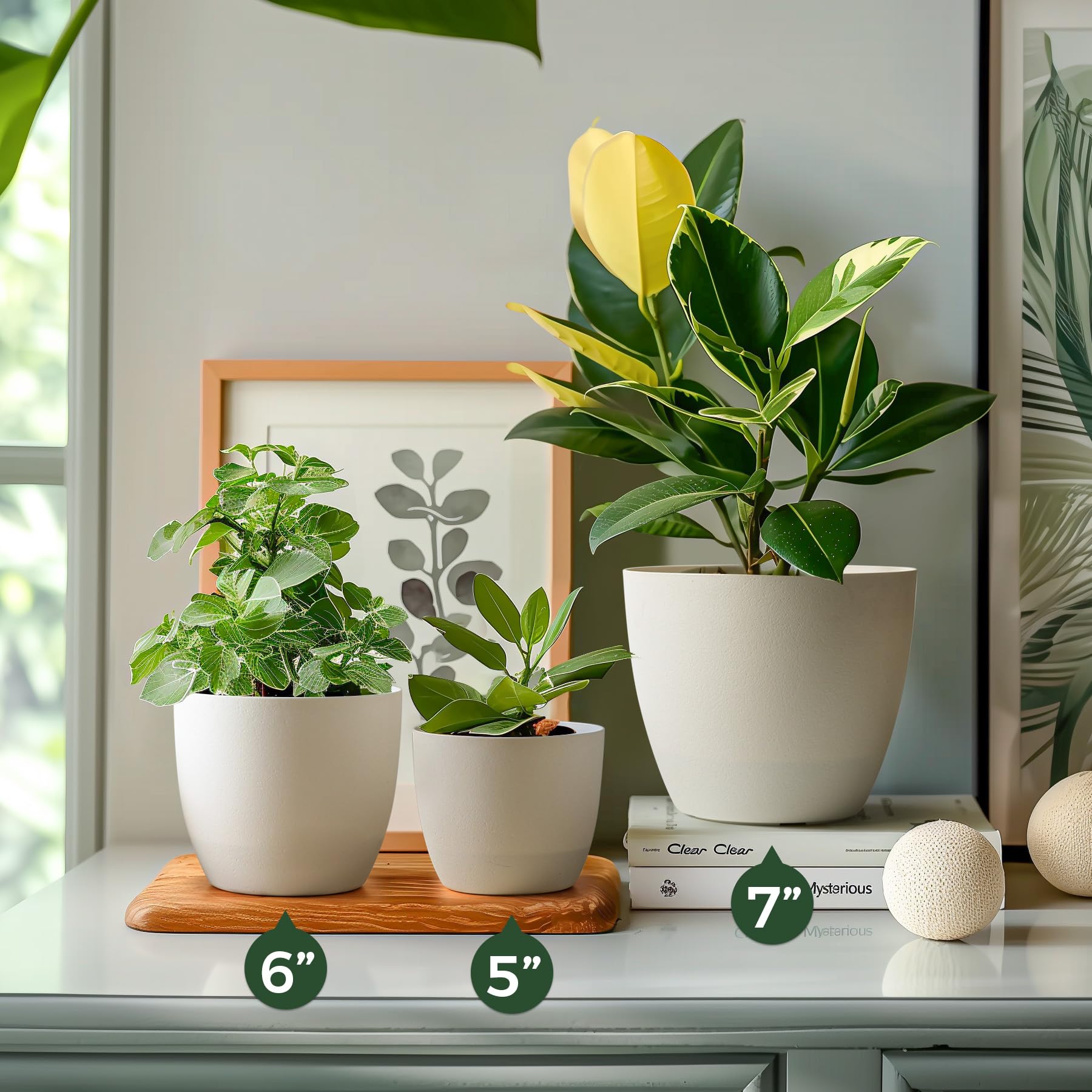 6 Inch Self Watering Planters - Set of 6 Modern White Plastic Flower Pots for Indoor Plants, Herbs, Succulents & African Violets | Decorative Window Box Planter for Home, Office & Garden Decor