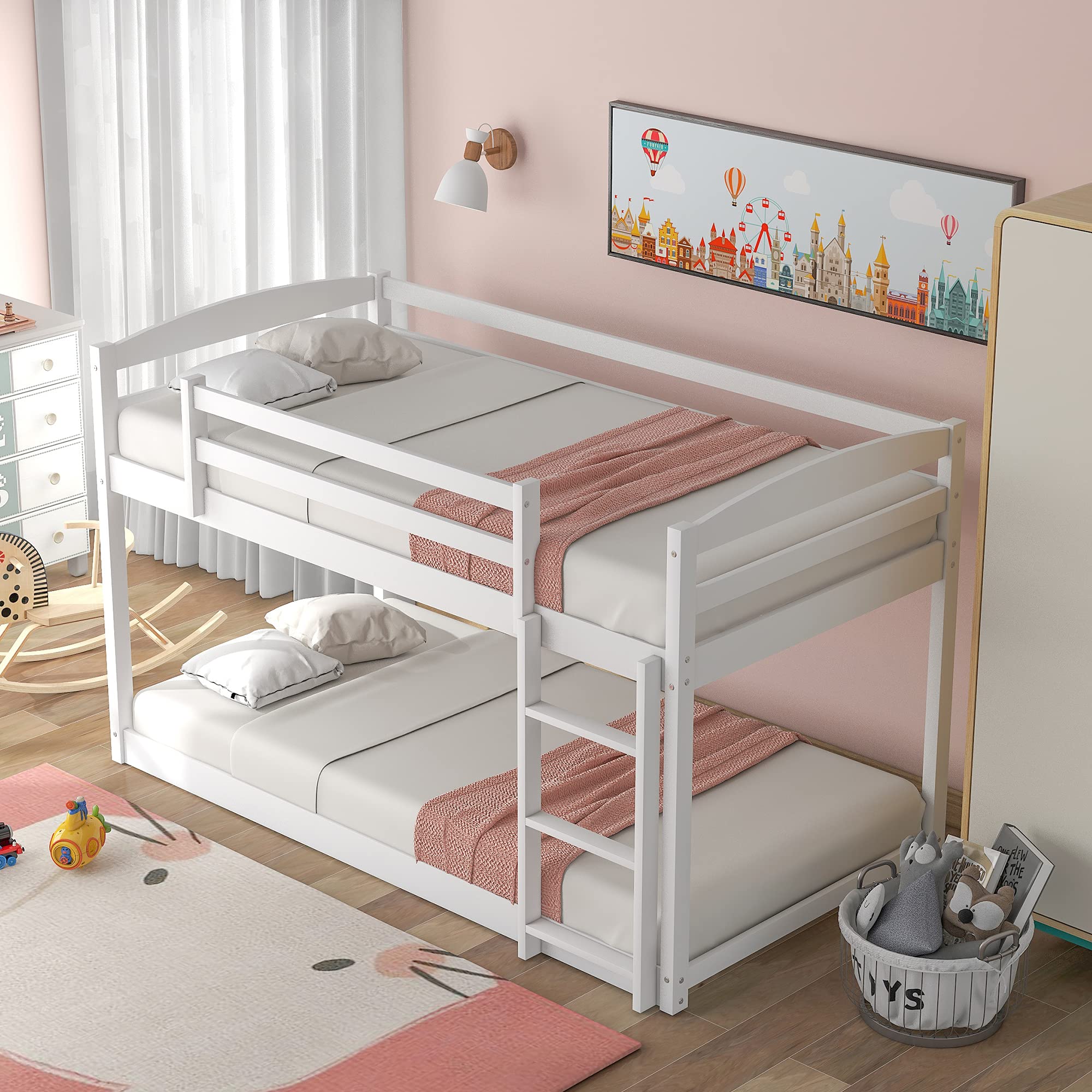 Merax Twin Over Twin Low Bunk Bed Frame for Kids - Easy Assembly Wooden Bunk Bed for Boys & Girls (Full Size, White) - Perfect for Small Bedrooms & Shared Kids' Rooms