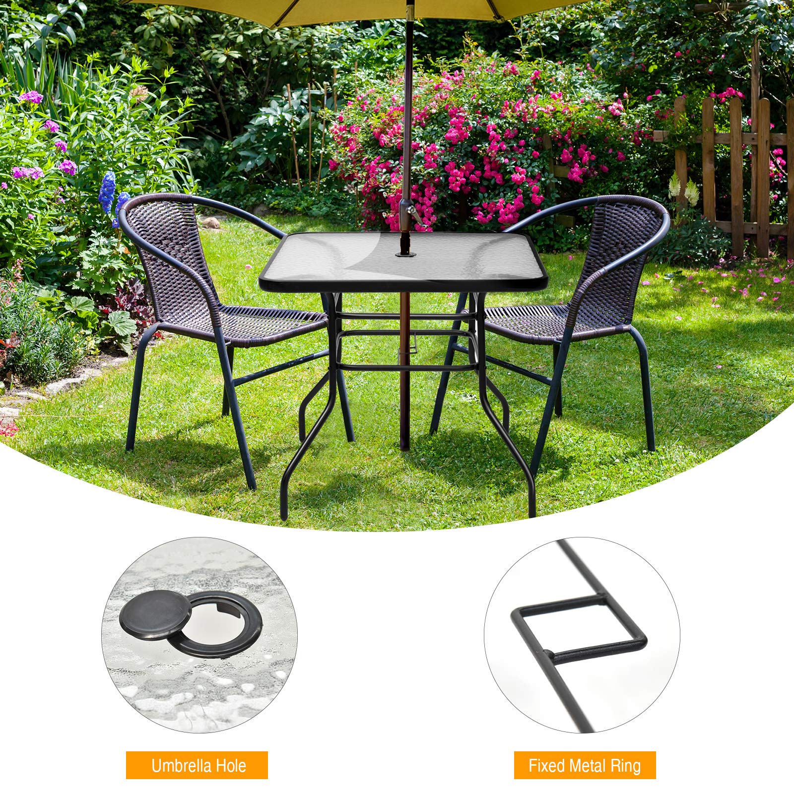 Premium Outdoor Bistro Table with Umbrella Hole & Tempered Glass Top - 32