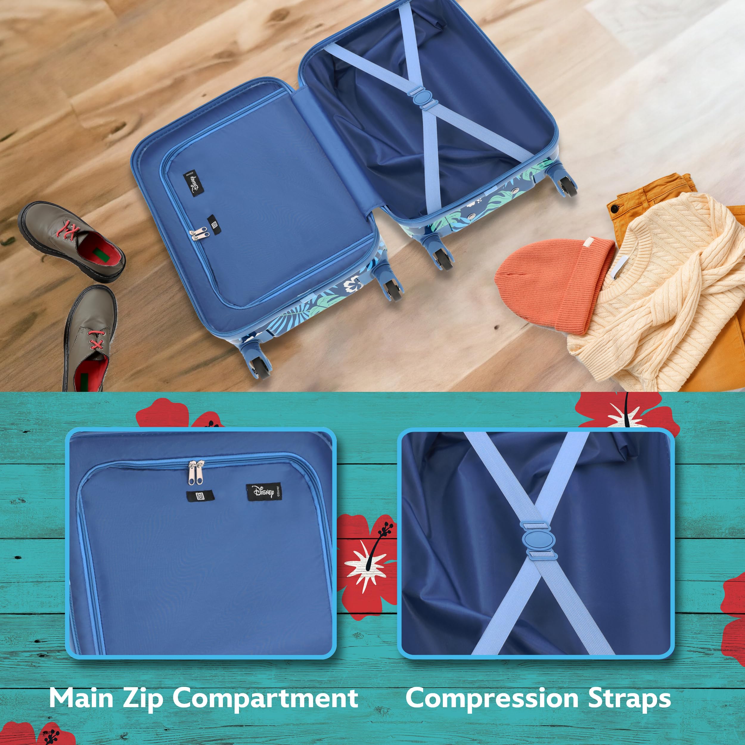 FUL Unisex Kids Disney Stitch 21 Inch Hardshell Carry-On Luggage with 360° Spinner Wheels - Blue Rolling Suitcase for Travel, School Trips & Family Vacations