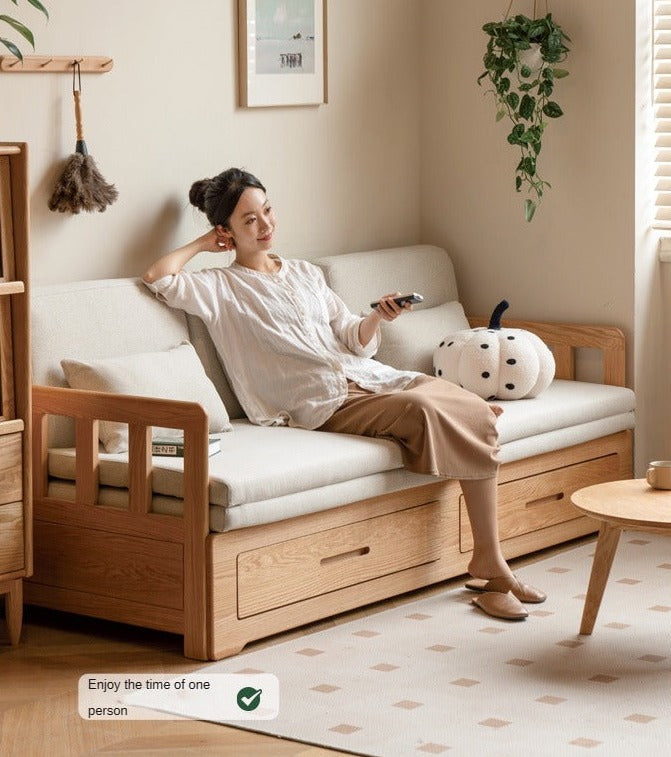 Solid Oak Wood Sofa Bed with Folding & Retractable Storage | Convertible Sleeper for Small Spaces, Guest Rooms & Apartments