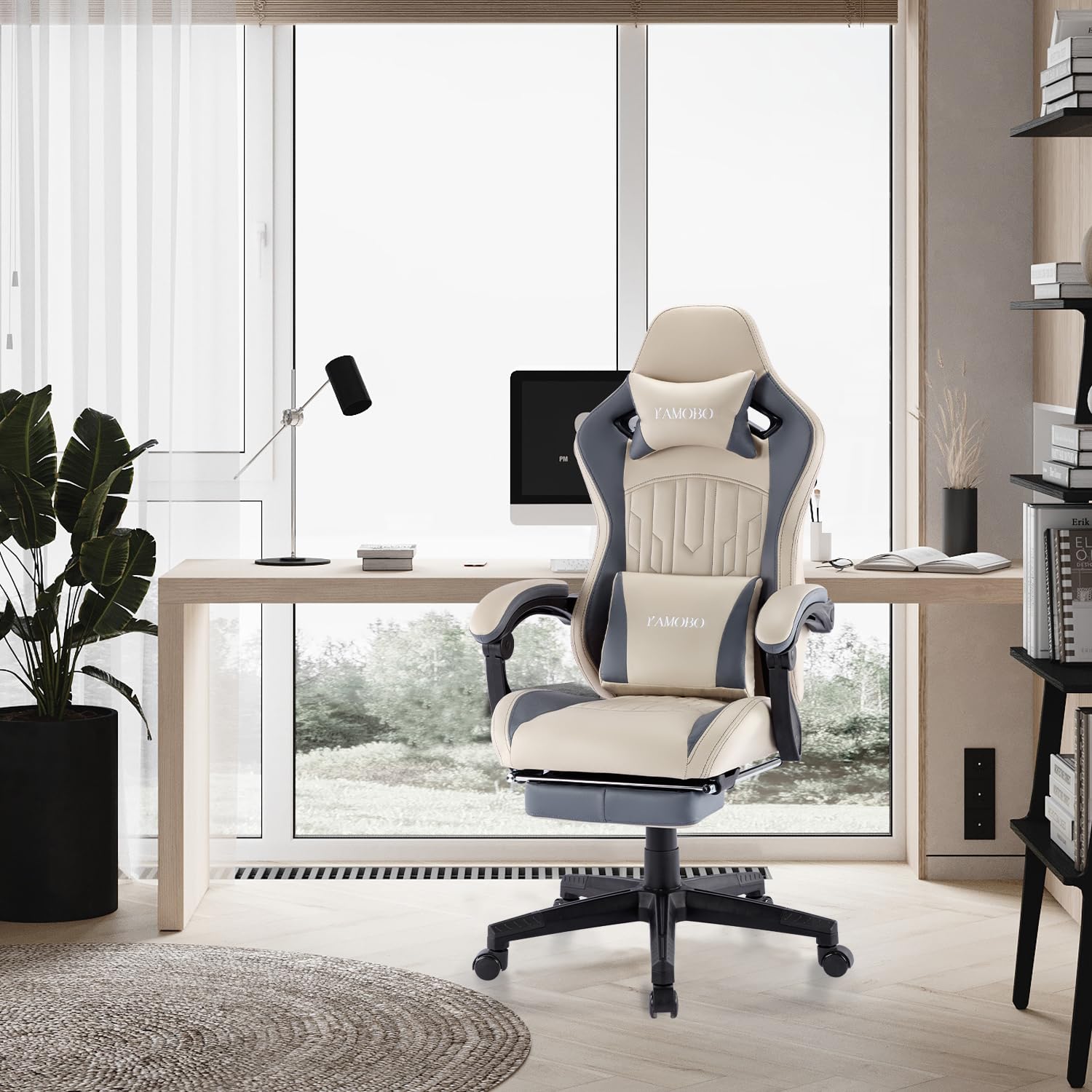 Premium Ergonomic Gaming Chair with Adjustable Footrest & Massage Lumbar Support - High Back PC Gamer Chair for Adults with Reclining Function & Linkage Armrests - Big and Tall Comfort for Long Gaming Sessions, Office Work & Home Entertainment - Beige