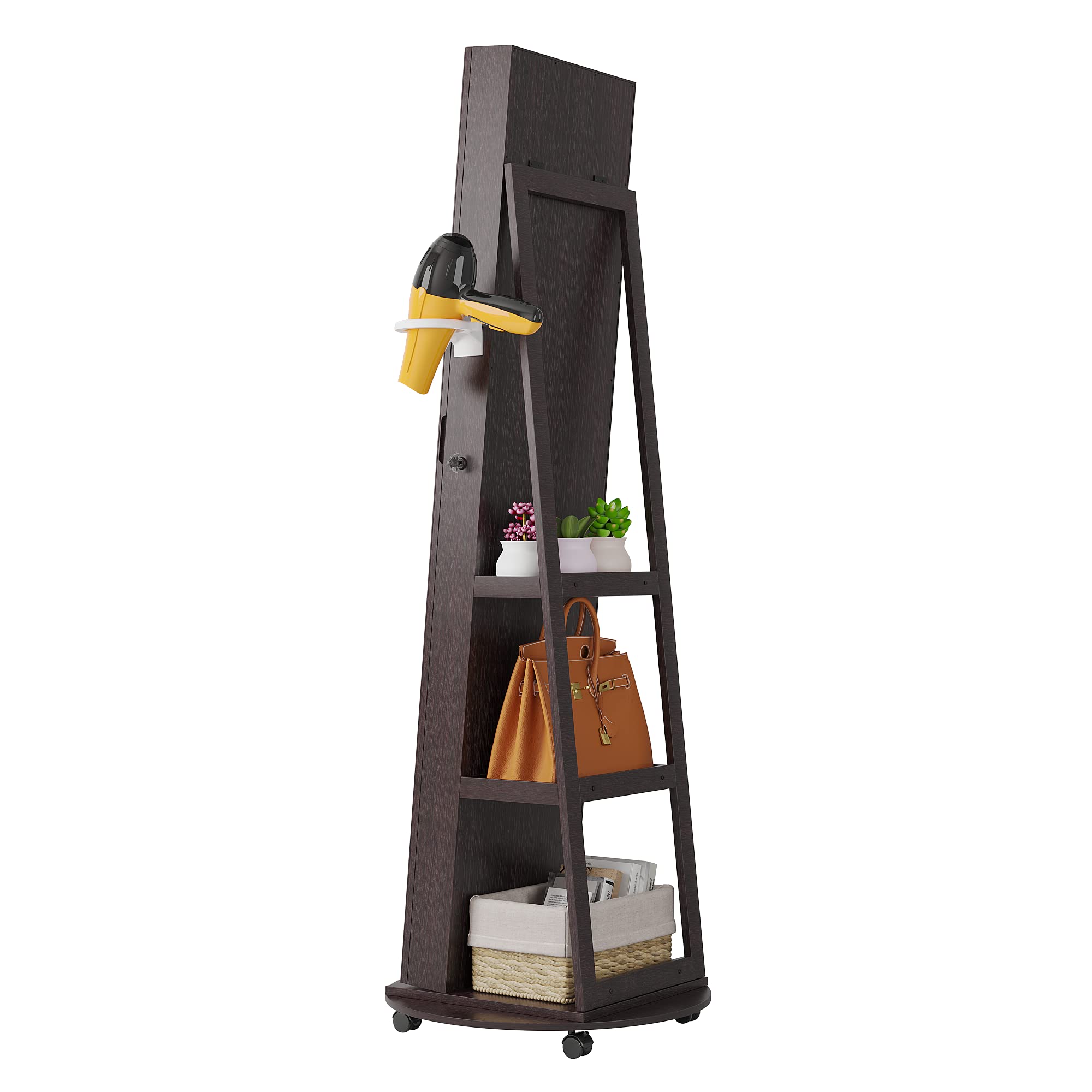 HNEBC 360° Swivel Jewelry Armoire with LED Mirror - Full Length Standing Jewelry Cabinet with Storage Organizer, Lockable Wheels & Foldable Makeup Shelf (Brown) - Perfect for Bedroom, Closet & Dressing Room Organization