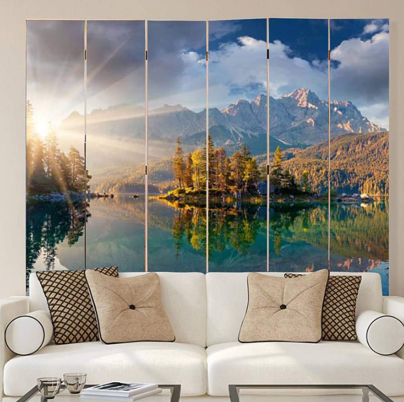 6-Panel Wooden Room Divider with Misty Summer Morning Eibsee Lake Canvas Print - German Alps Landscape Folding Screen for Privacy, Home Decor & Indoor Partition - Perfect for Living Rooms, Bedrooms & Office Spaces