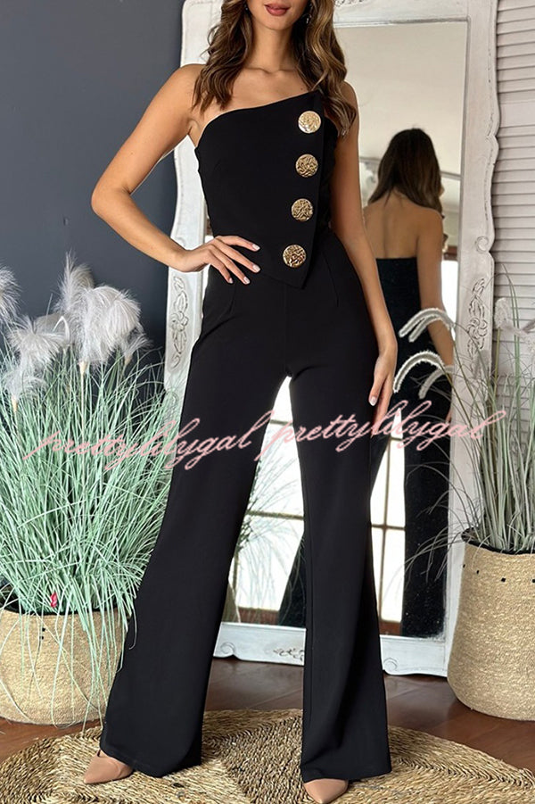 Solid Color Sexy Tube Top Gold Button Embellished Bootcut Jumpsuit for Women | Elegant One-Piece Romper with Metallic Accents | Perfect for Night Out, Party & Special Occasions