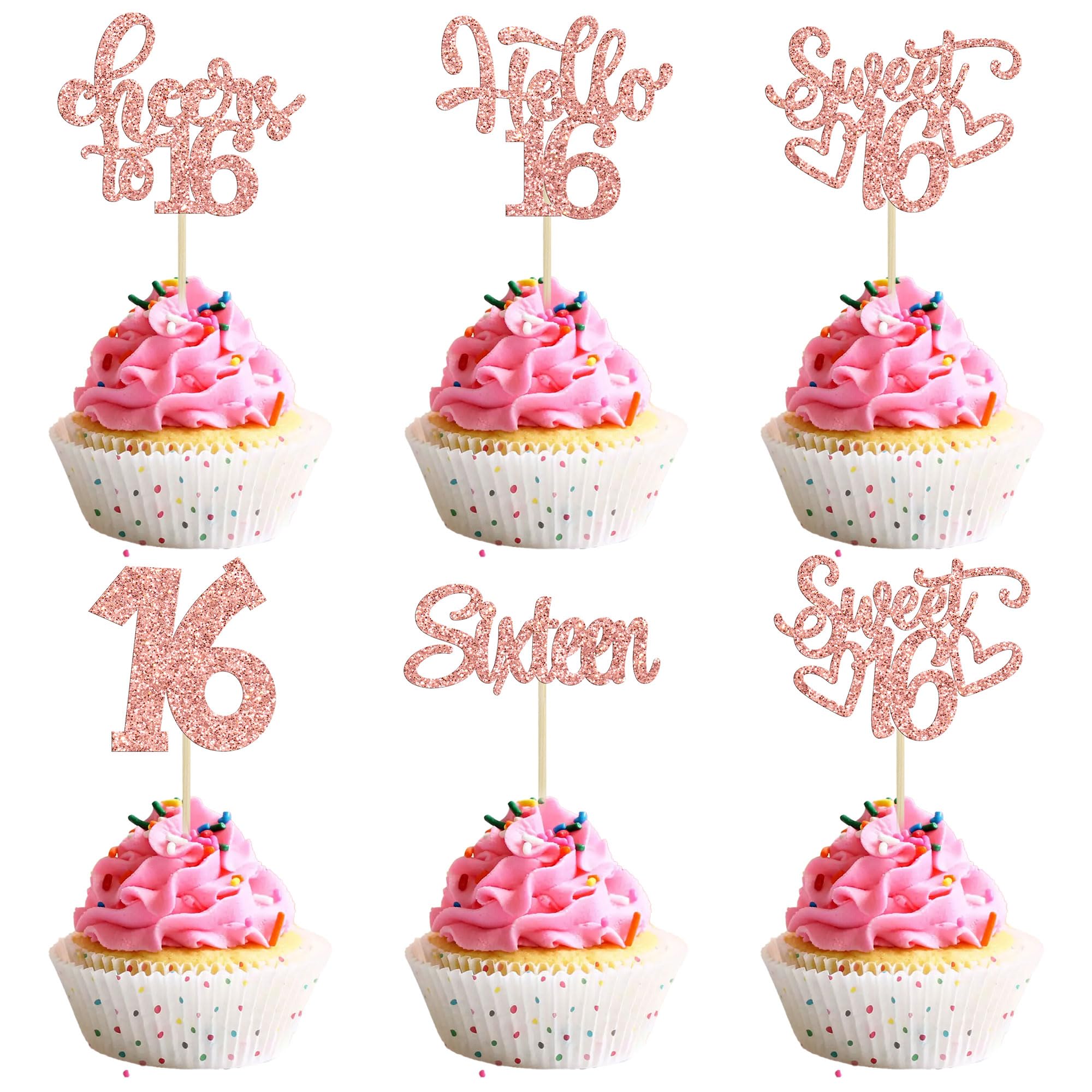 30Pcs Rose Gold Glitter 16th Birthday Cupcake Toppers - Sweet Sixteen Cake Decorations for Party Supplies, Anniversary Celebrations & Happy 16 Cheers (Perfect for Birthday Cakes, Desserts & Teen Celebrations)