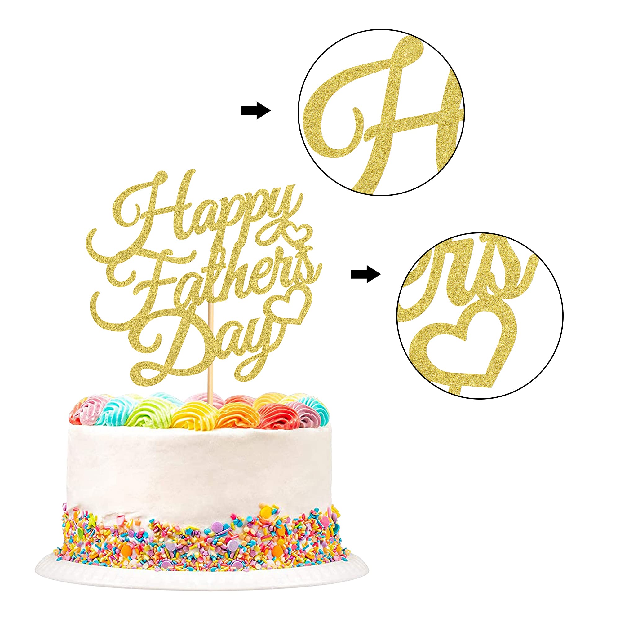 6 Pcs Gold Glitter Happy Father's Day Cake Toppers - Decorative Party Cake Decorations with Gold Letter Heart Design - Perfect for Father's Day Celebrations, Birthday Parties & Special Occasions