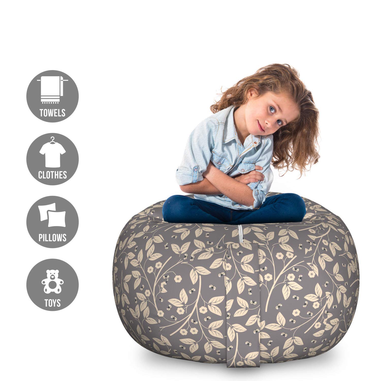 Ambesonne Large Washable Toy Storage Bag Chair - Spring Foliage with Ladybugs Design, Taupe & Beige Stuffed Animal Organizer for Kids' Room, Nursery, or Playroom | Durable Fabric for Easy Cleaning & Space Saving