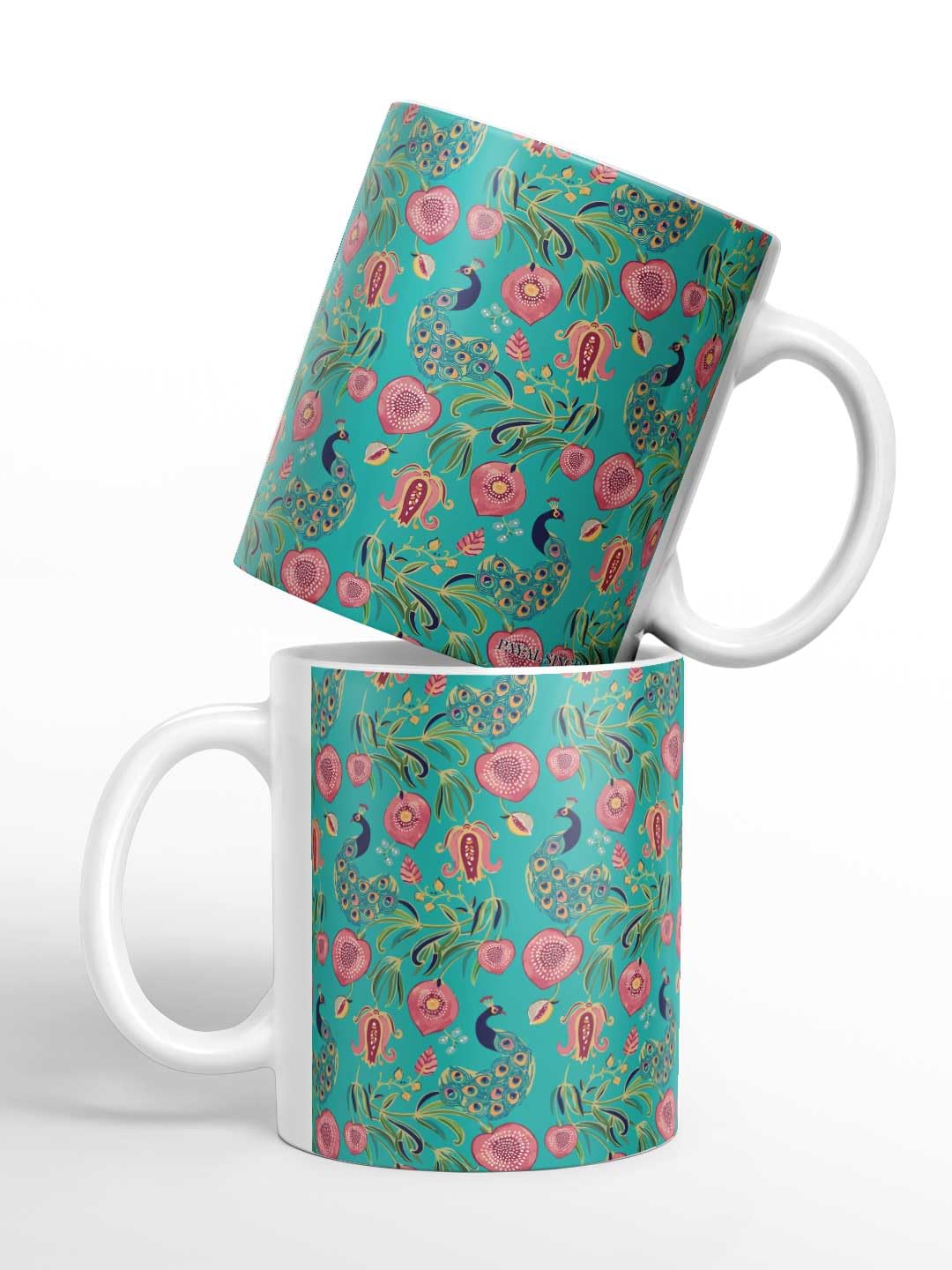 Macmerise Payal Singhal Anaar and Mor Teal Ceramic Coffee Mug - Premium 325ml HD Printed Tea Cup, Microwave & Dishwasher Safe, Durable Hygienic Ceramic - Perfect for Home, Office, Gifts & Boho Decor