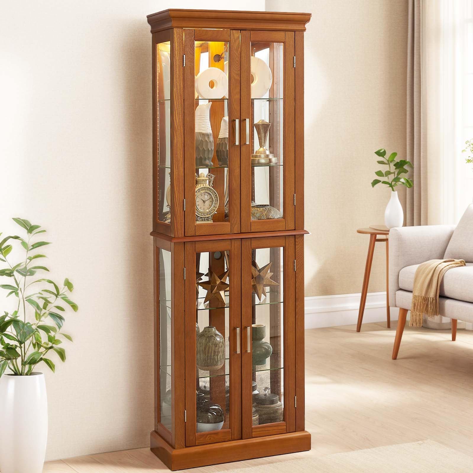 Vintage Oak Wooden Curio Display Cabinet with 6 Adjustable Glass Shelves & Built-in Lighting - 70
