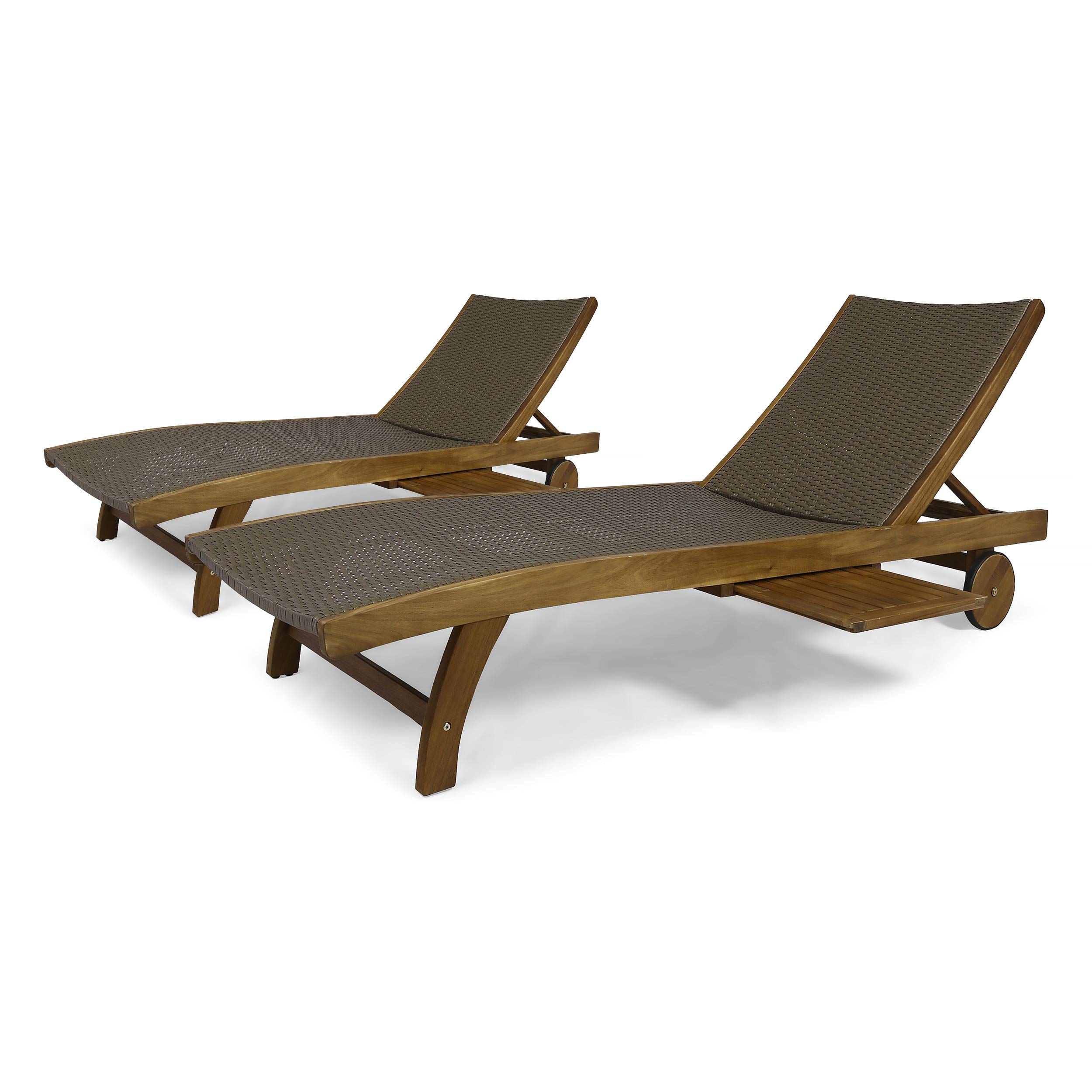 GDFStudio Outdoor Wicker and Wood Chaise Lounge Set of 2 with Pull-Out Tray - Brown Patio Furniture for Poolside, Garden, and Backyard Relaxation