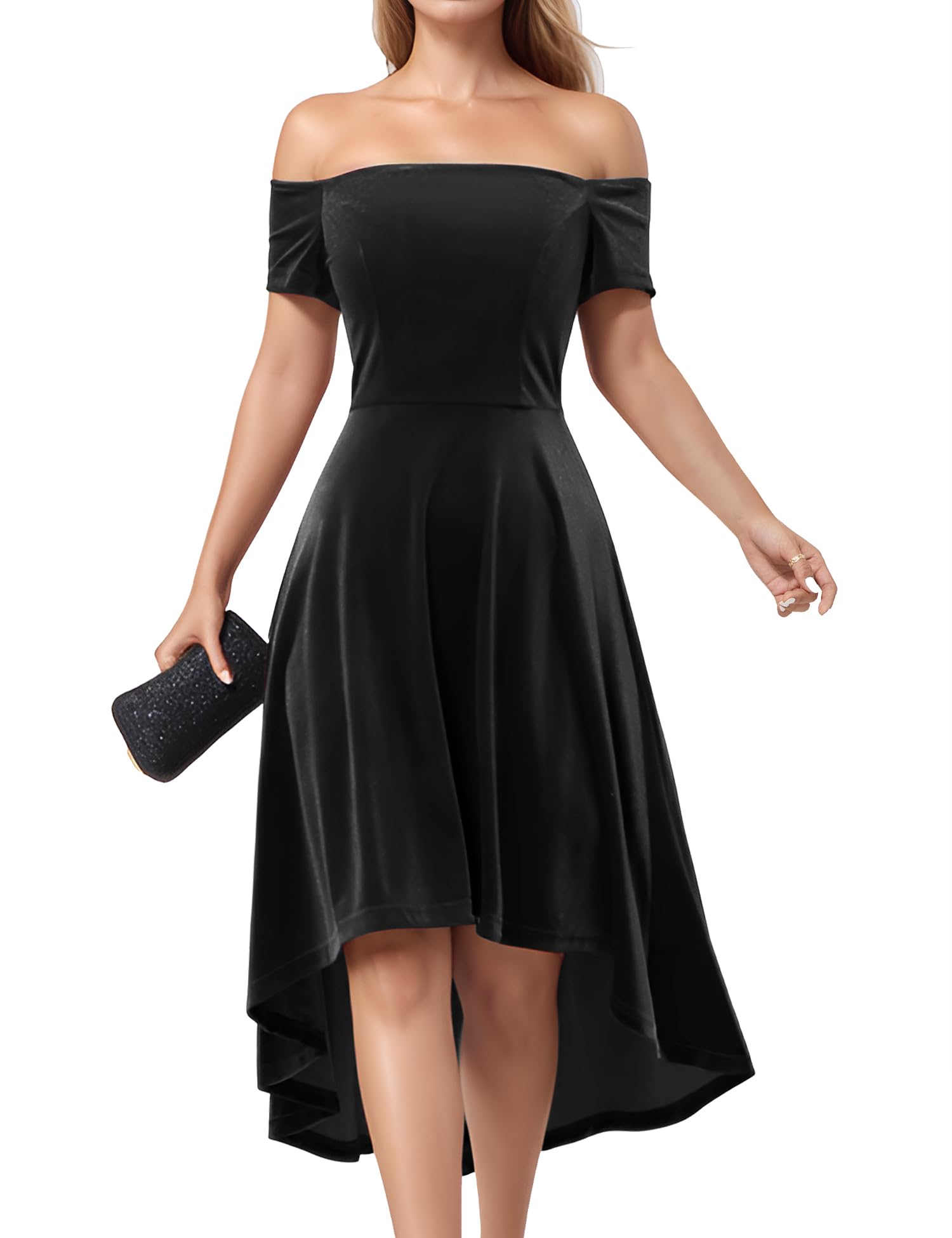 Elegant Off Shoulder Velvet High Low Evening Dress for Women 2024 | Cocktail Party, Formal Prom, Wedding Guest Gown | Perfect for Special Occasions & Night Out
