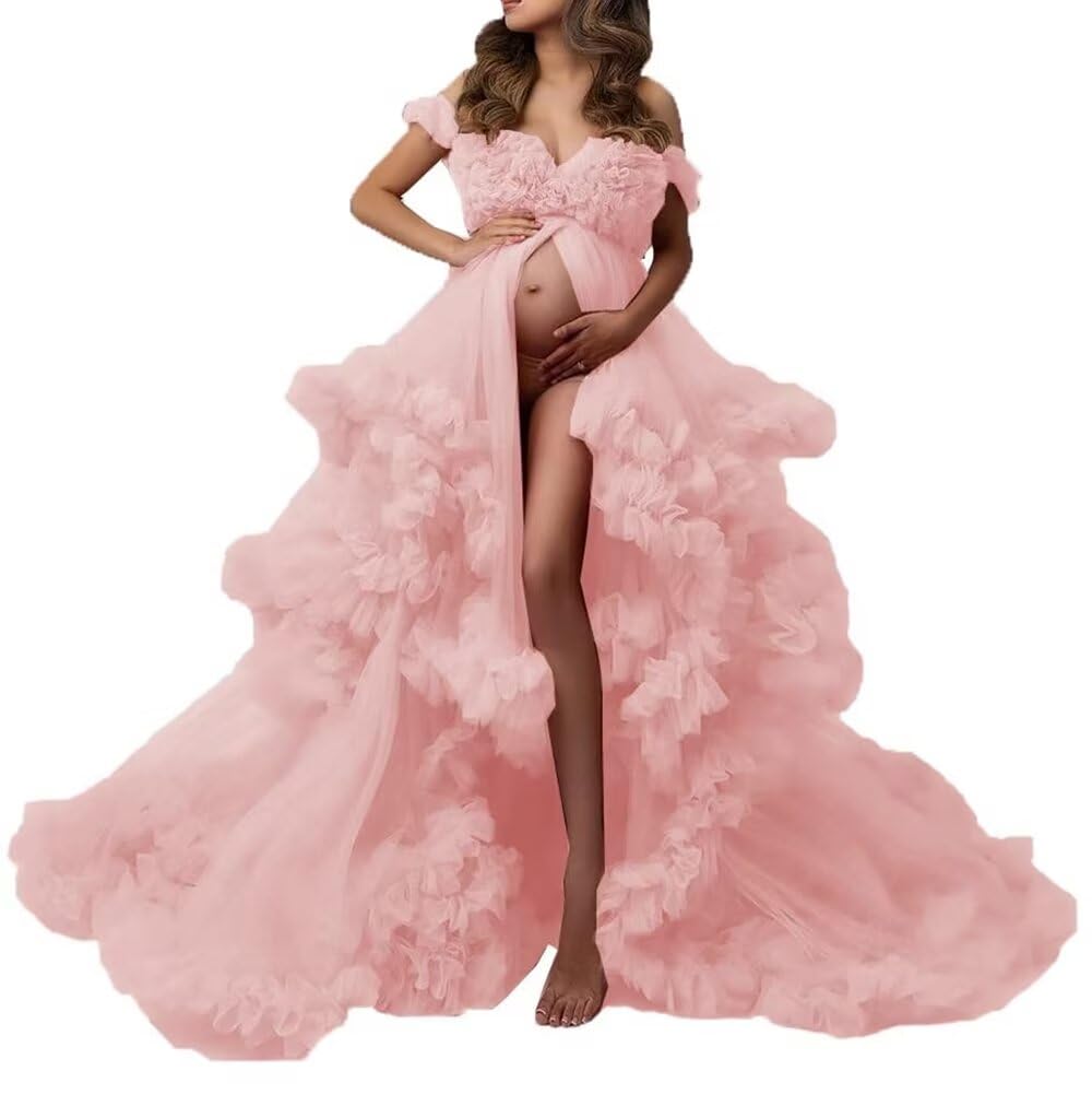 Elegant Long Puffy Tulle Maternity Dress for Baby Shower, Wedding & Photo Shoot - V-Neck Flowy Pregnant Gown for Special Occasions