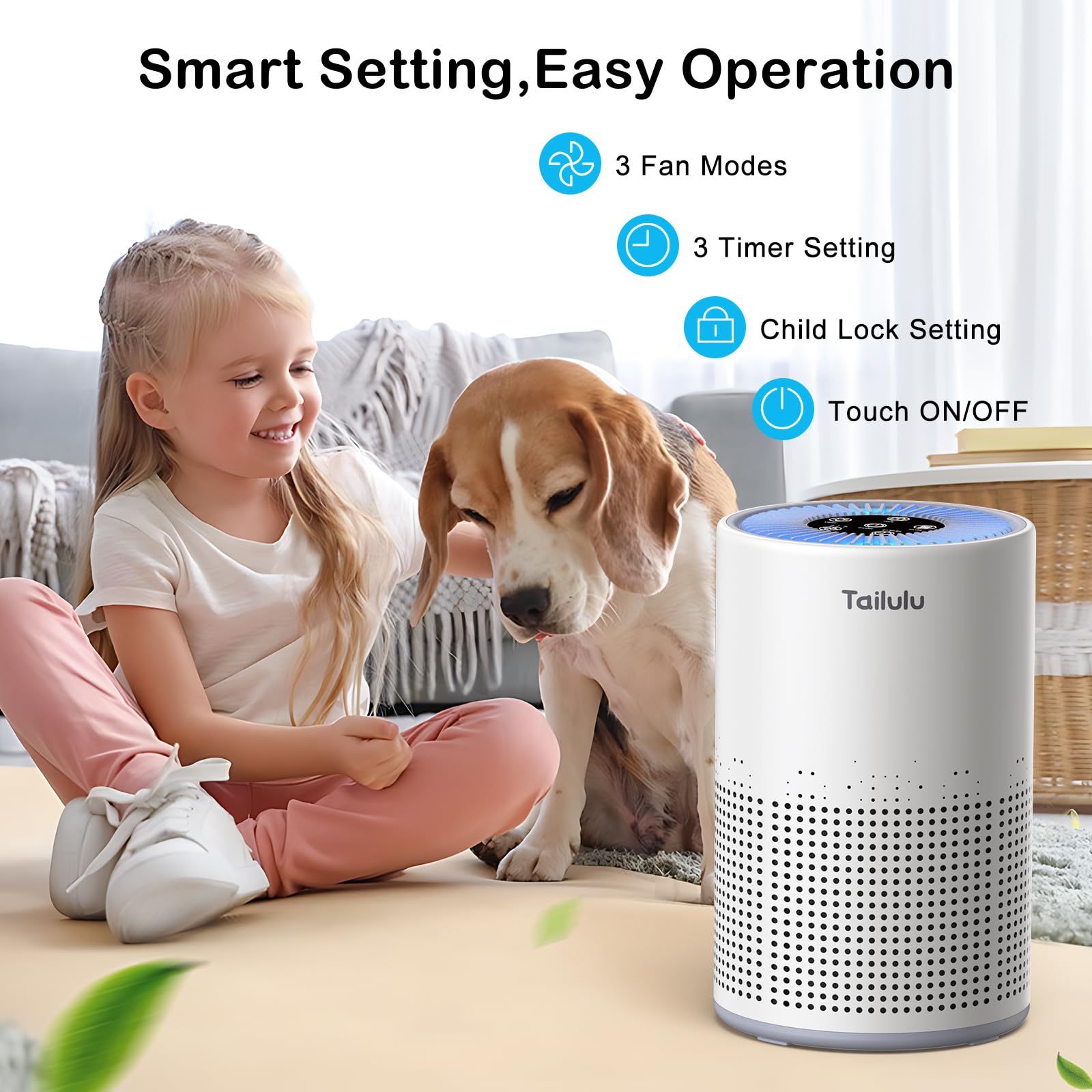 Tailulu H13 True HEPA Air Purifier for Bedroom & Home - 800 Sq.Ft Coverage, Ultra Quiet 12dB Sleep Mode - Removes Dust, Smoke, Pollen & Pet Odors - Portable Air Cleaner with Speed Control & Timer - Perfect for Allergies, Asthma & Nursery Rooms