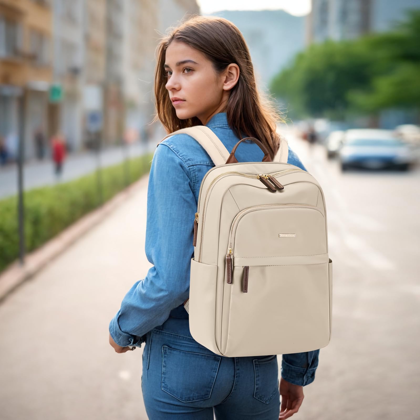 Stylish Women's Laptop Backpack for Travel, Work & Commute - Casual Daypack with Purse Design, Fits 14 Inch Notebook (Apricot) - Perfect for Office, School & Daily Use