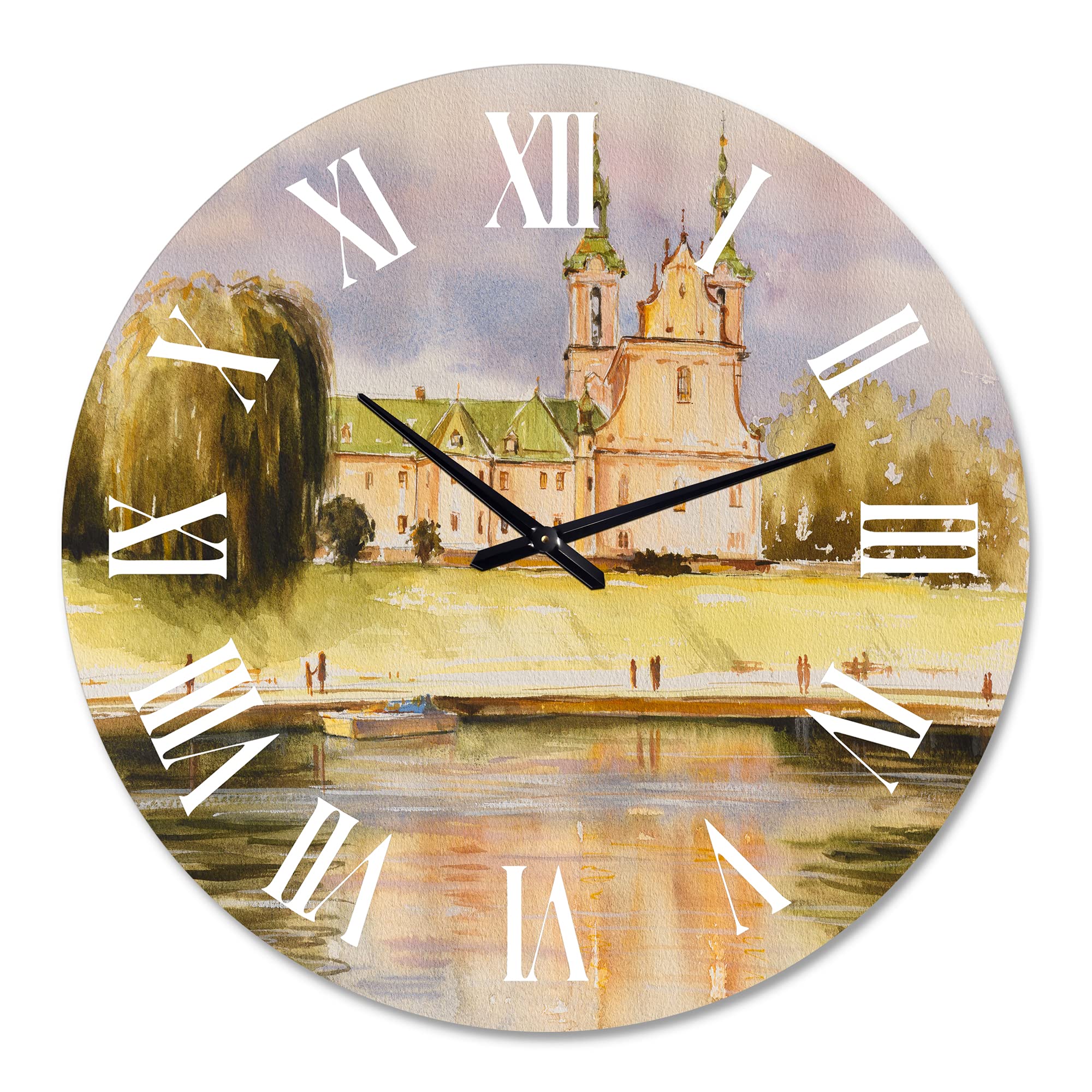 DesignQ Lake House Wall Clock - Historic Church On The Rock Riverbank Landscape - Large Nature Wall Clock for Bedroom, Living Room, Office Decor - Perfect for Farmhouse, Rustic & Coastal Home Decor