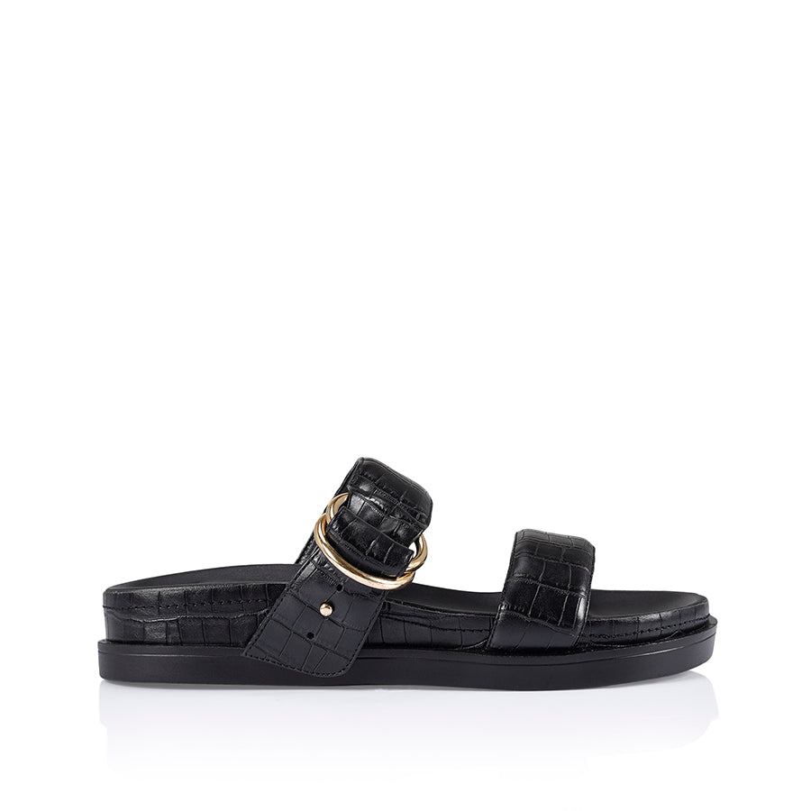 Oslo Chunky Slides - Black Croc Embossed Sandals for Women | Comfortable Summer Slide Shoes | Perfect for Beach, Pool, and Casual Outings