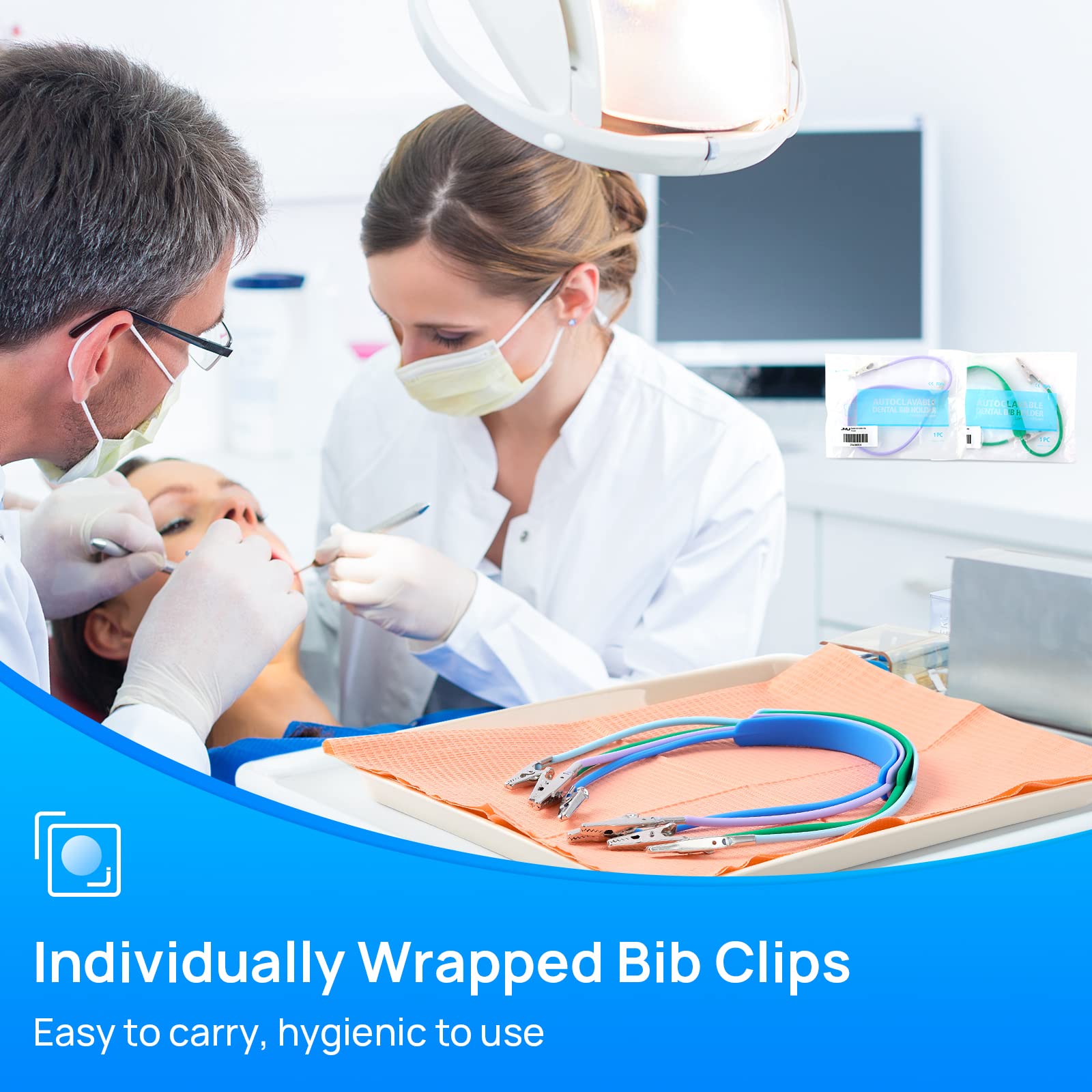 JMU 5 Packs Autoclavable Silicone Dental Bib Clips - Individually Wrapped Purple Bib Holder Clips (1 Per Bag) | Perfect for Dental Clinics, Orthodontic Appointments & Teeth Cleaning Procedures