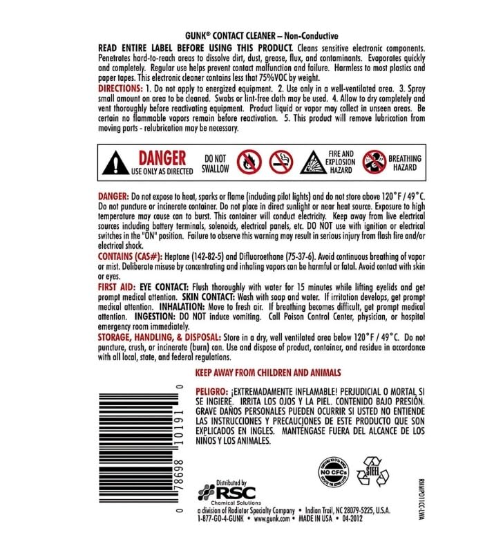Gunk Contact Cleaner Spray 11 oz with Microfiber Cloth - Fast Drying Electrical Contact Cleaner for Metal, Tools & Brakes - No Residue High Pressure Degreaser (2-Pack) - Perfect for Automotive Repairs, Electronics Maintenance & Industrial Equipment Cleaning