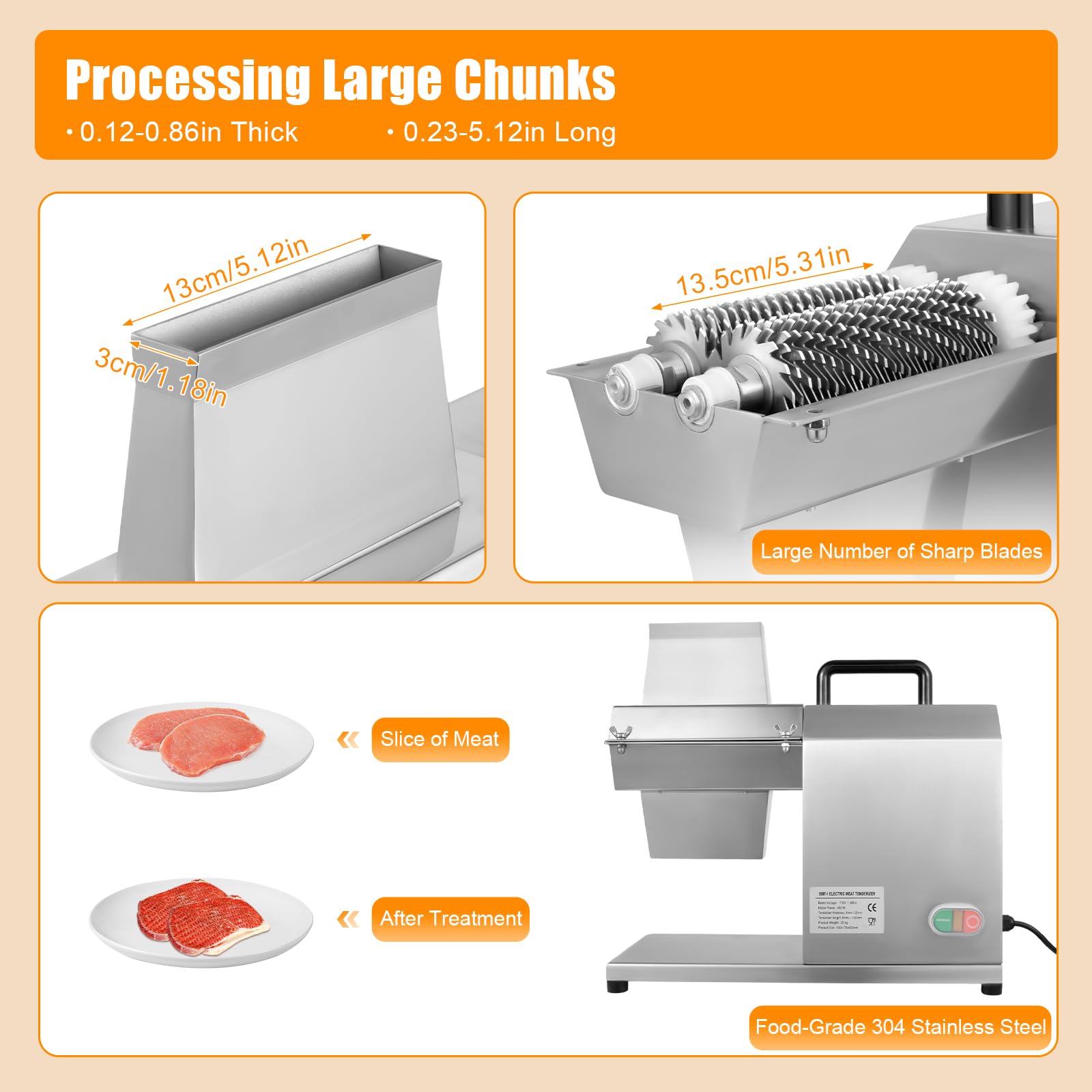 Commercial Heavy Duty 450W Electric Meat Tenderizer - Stainless Steel Professional Beef Steak Tenderizing Machine for Restaurants, Butchers & Home Chefs - Perfect for Flattening Fillet, Chicken & Pork Cutlets