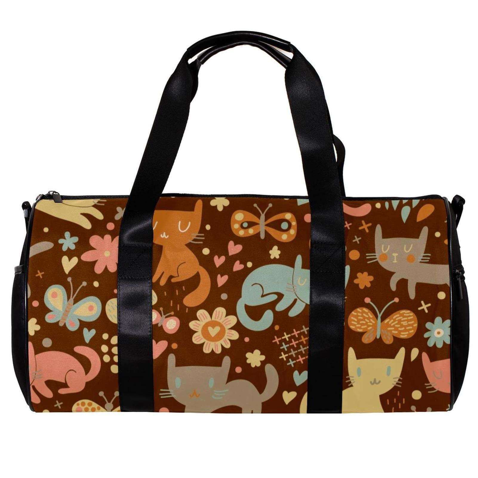 Stylish Gym Duffle Bag for Travel - Cute Cartoon Cat Design Weekender Overnight Carry On Bag (Brown) - Perfect for Gym, Workouts, Weekend Trips & Air Travel