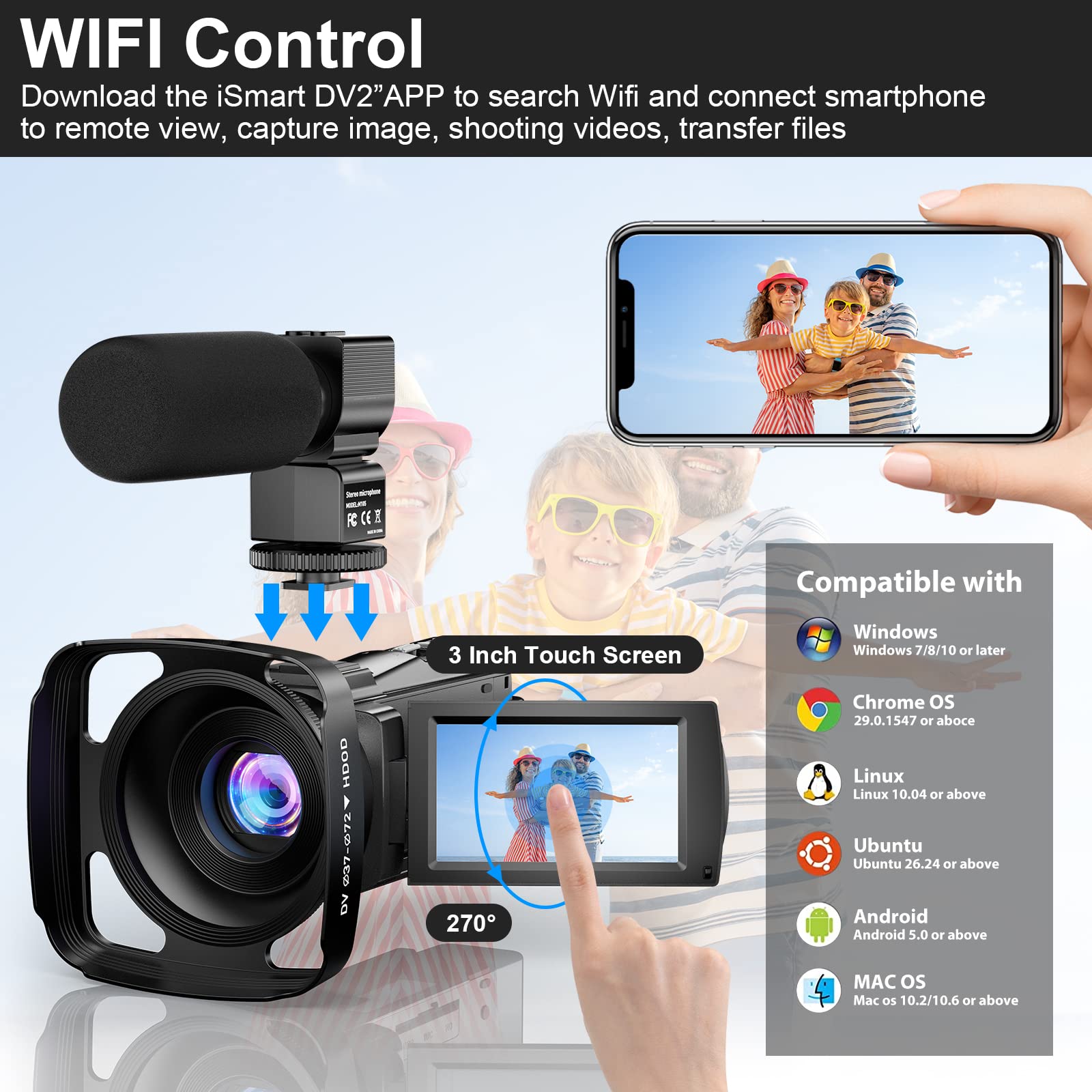 5K Ultra HD Video Camera Camcorder - 48MP WiFi Vlogging Camera with IR Night Vision, 16X Digital Zoom & Touch Screen - Perfect for YouTube, Travel Vlogging & Live Streaming - Includes External Mic, Lens Hood, Stabilizer, Remote & 2 Batteries