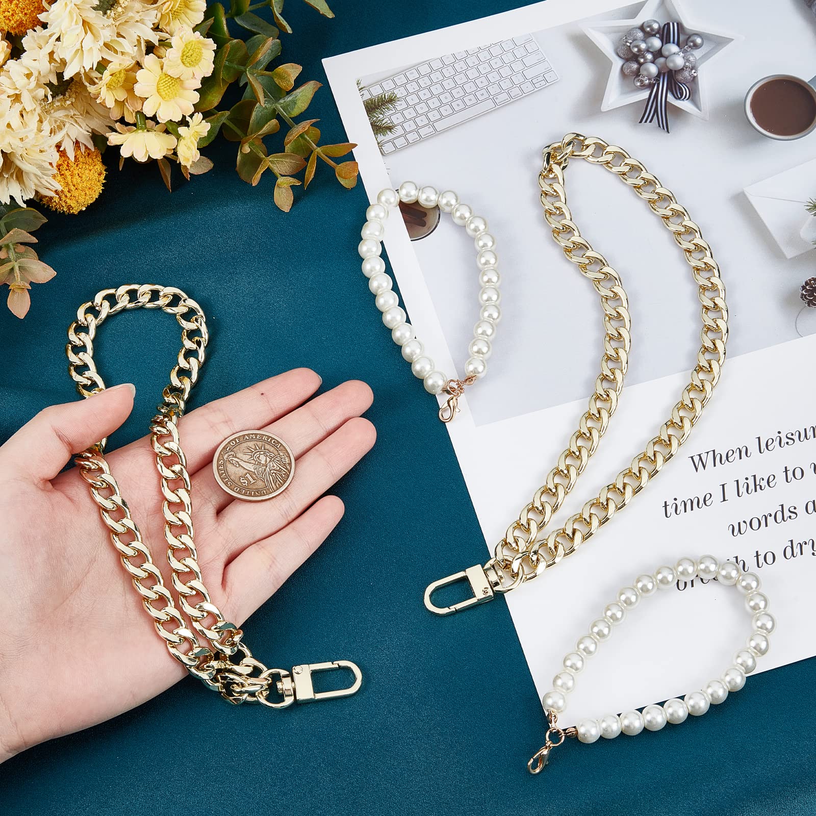 WADORN 4pcs Purse Wristlet Strap - 8.9 Inch Metal Wrist Lanyard with 3.5 Inch Pearl Bead, Keychain Holder for Women's Bags, Wallets & Cell Phones | Perfect for ID Badges, Cards & Everyday Use (2 Styles)