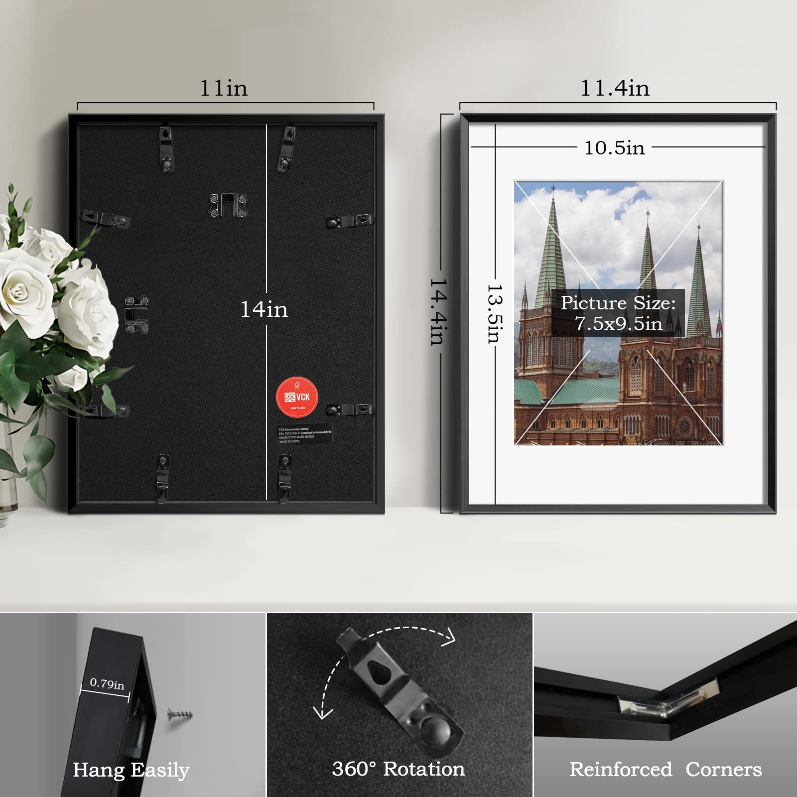 VCK Black 11x14 Aluminum Picture Frames Set of 6 - Shatterproof Glass, Wall Display Photo Frames with 8x10 Mat - Perfect for Home Decor, Office & Gallery Displays