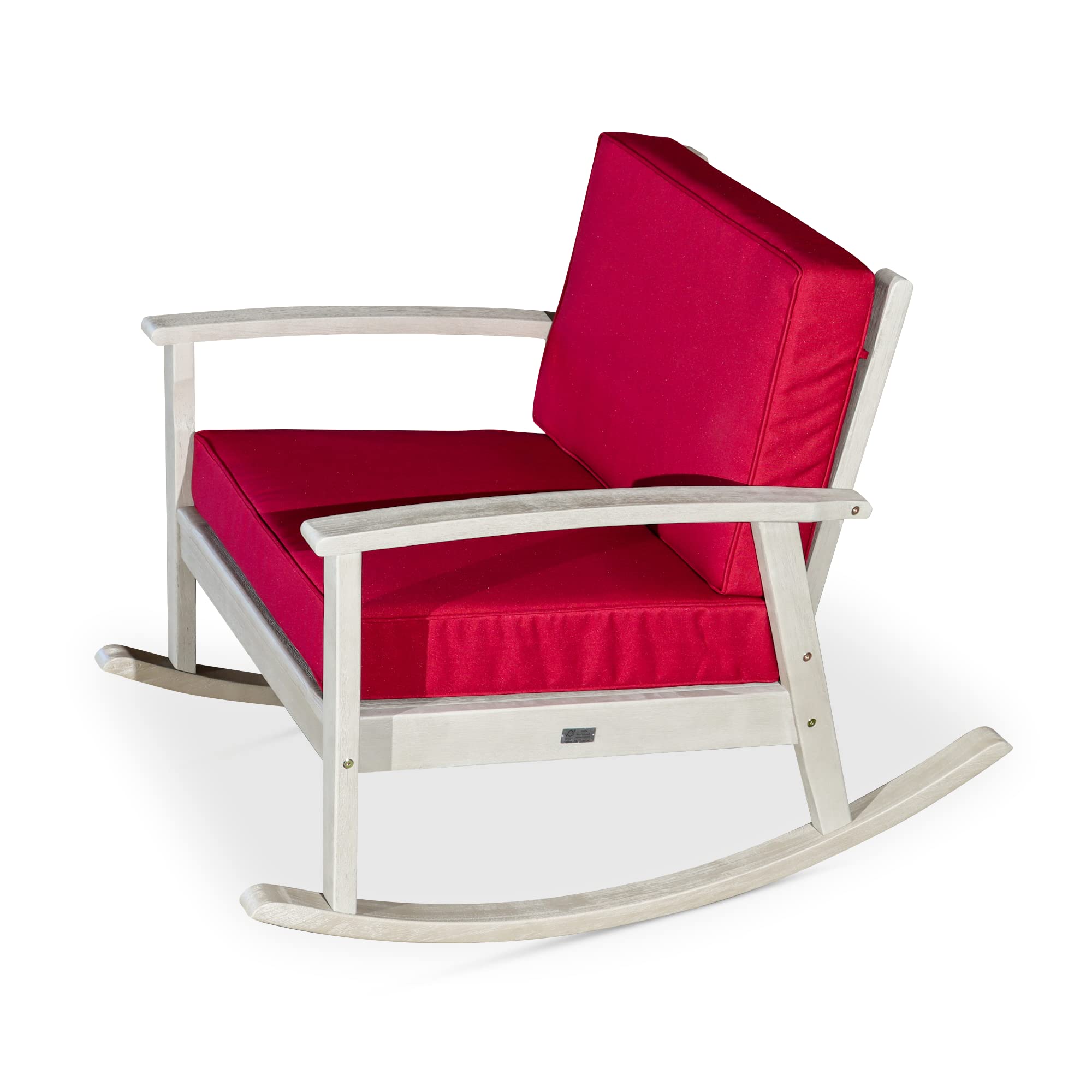 DTY Outdoor Living Longs Peak Deep Seat Eucalyptus Rocker - Driftwood Gray Finish with Burgundy Cushions | Patio Rocking Chair for Porch, Garden & Backyard Relaxation