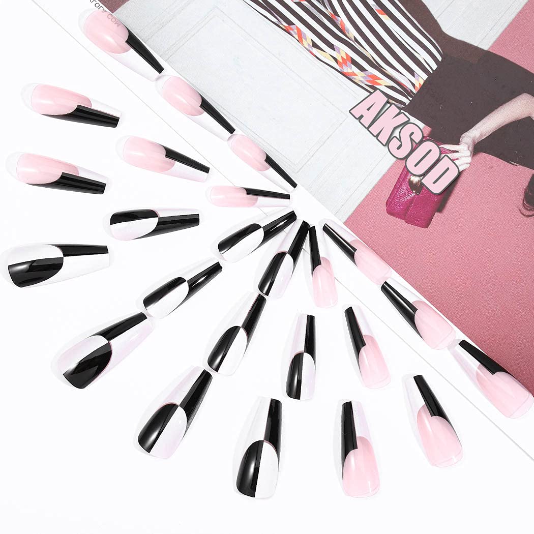 Black and White Geometric Line Art Press On Nails - Extra Long Coffin Ballerina Fake Nails with Glossy Finish - 24Pcs Full Cover Acrylic False Nails for Women & Girls (Style C) - Perfect for Parties, Weddings, and Special Occasions