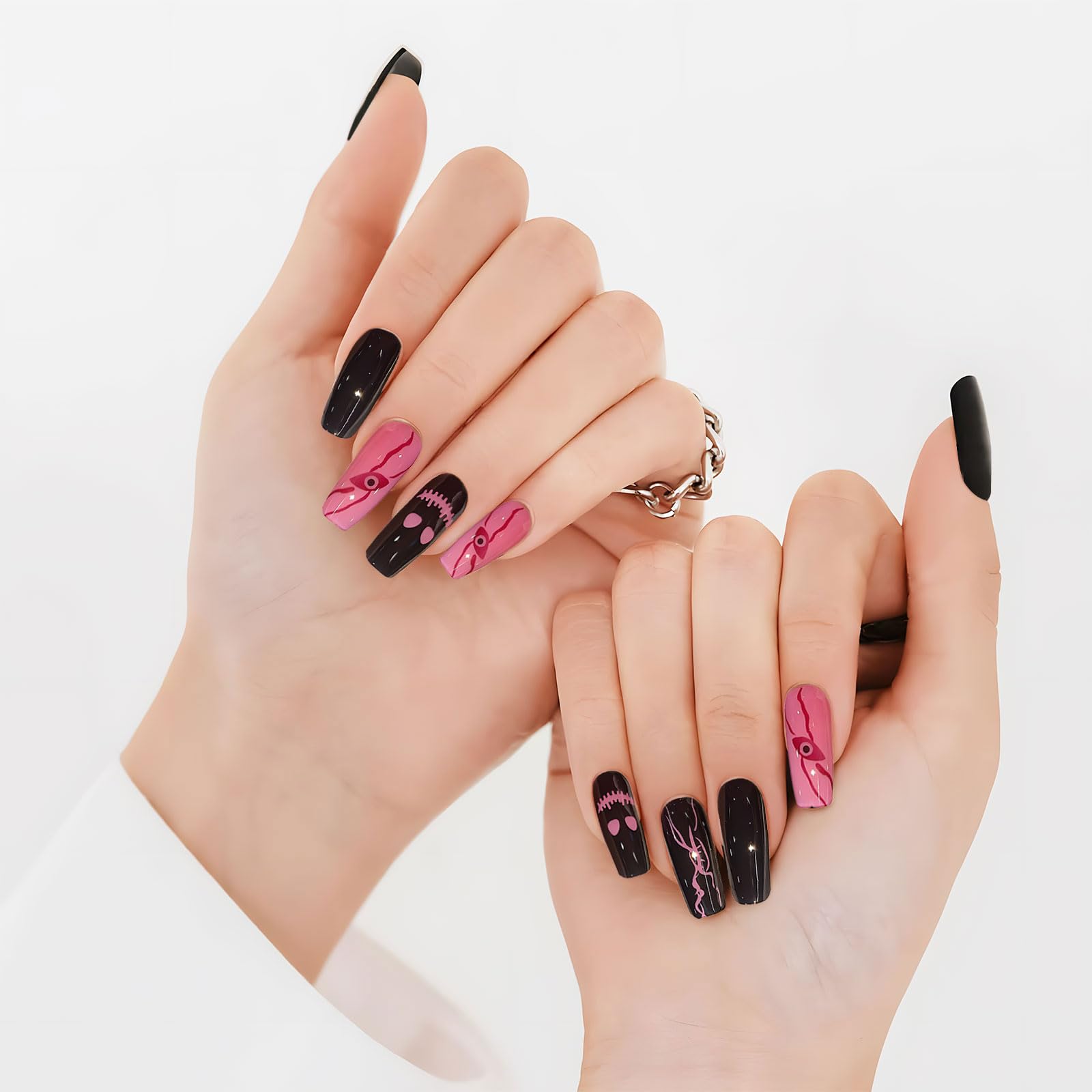 20pcs Halloween Semi Cured Gel Nail Strips - Black & Pink Nail Art Stickers, Full Nail Wraps for Women & Girls | Perfect for Halloween Parties, Costume Nails & DIY Manicures