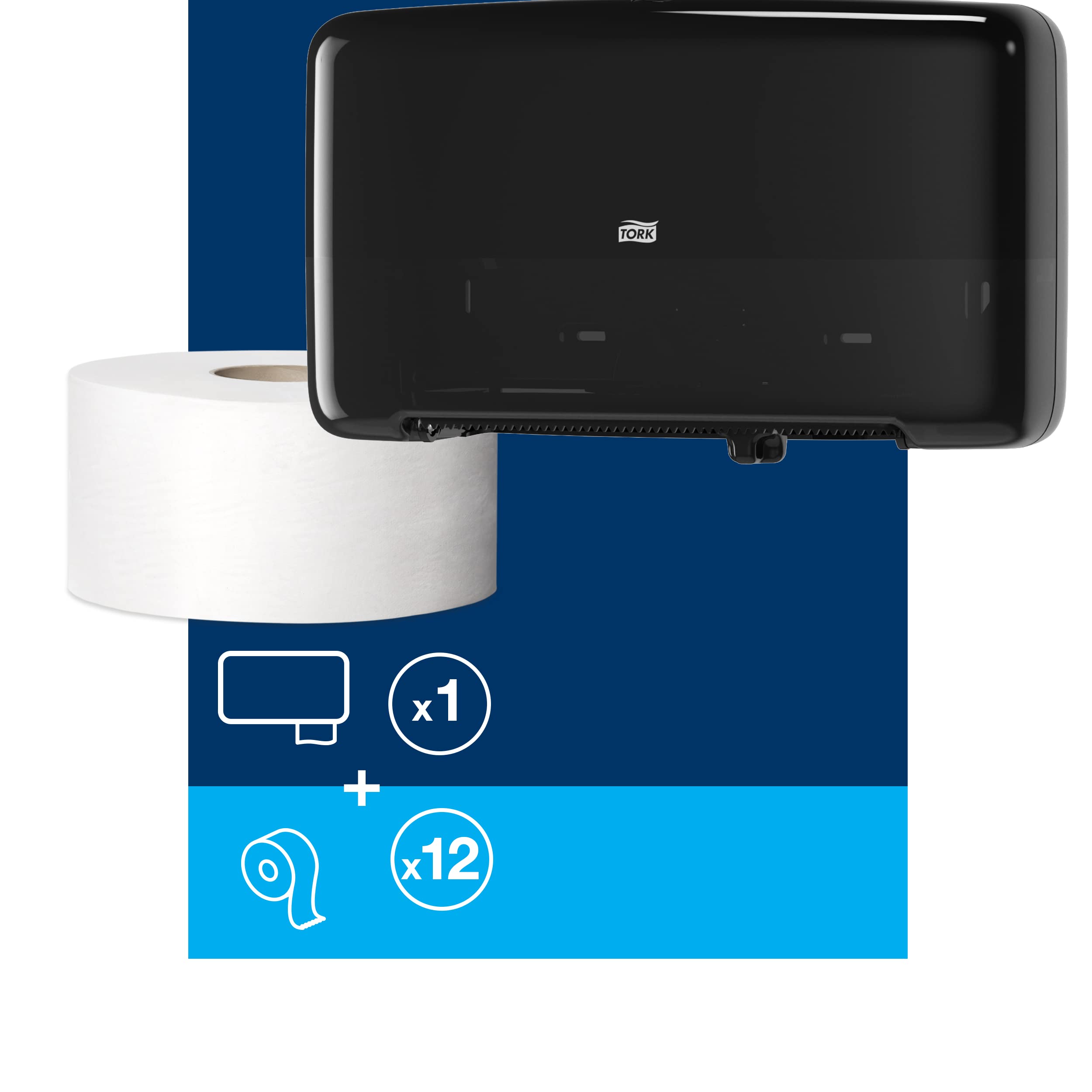 Tork Twin Mini Jumbo Toilet Paper Dispenser with Refill - Black T2 & White Advanced Mini Jumbo Bath Tissue Roll (12 x 751 Sheets) - Ideal for Home, Office & Commercial Restrooms