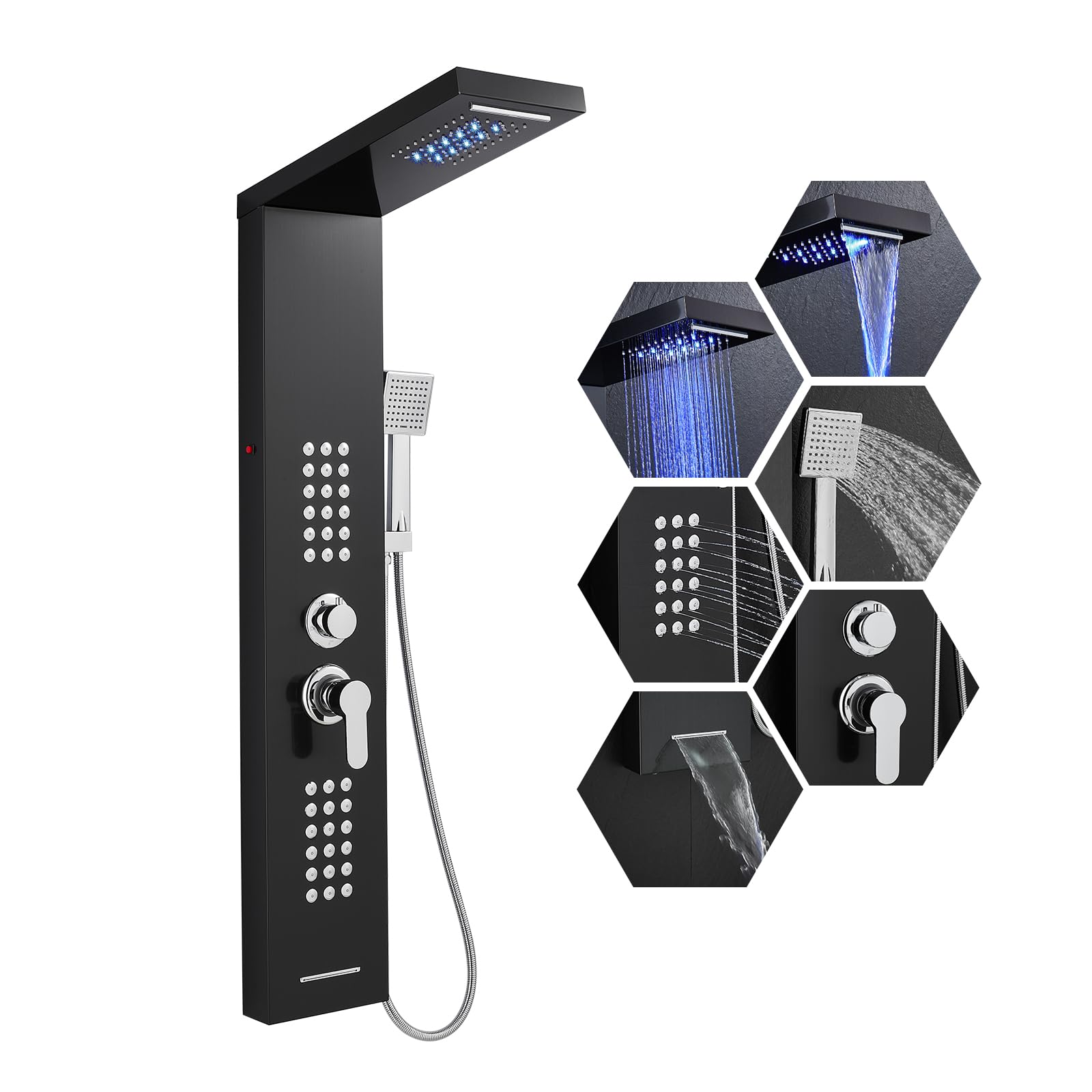 Premium 5-in-1 LED Shower Panel Tower System with Rainfall Shower Head, Body Jets & Handheld Spray - High Pressure Stainless Steel Shower Column for Spa-Like Bathroom Experience | Perfect for Master Bathrooms & Luxury Home Renovations