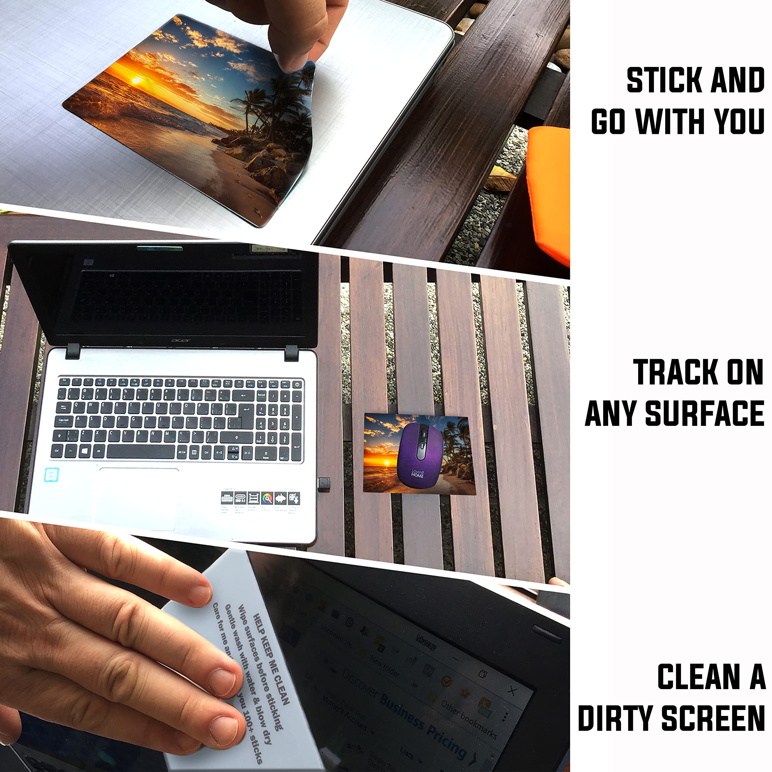 Non-Slip Adhesive Mouse Pad - Sticky & Portable Travel Mouse Mat for Laptop/Desktop - Easy Peel & Stick to Any Surface - Perfect for Office, Home, Gaming & Travel - Beach Sunset Design