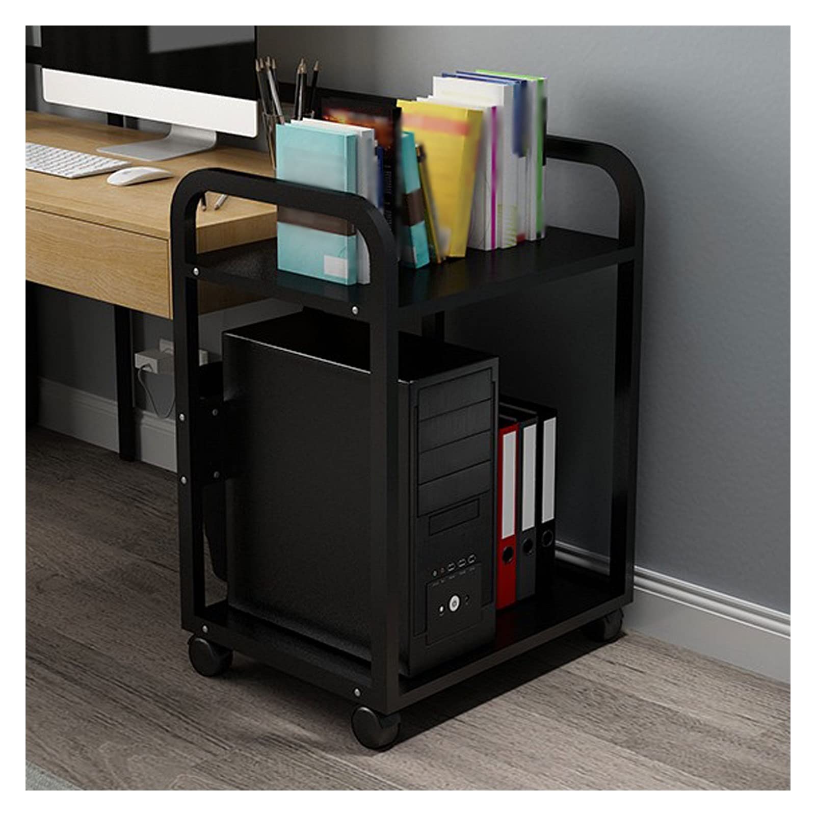 2-Tier CPU Stand for PC Tower & Printer - Adjustable Desktop & Floor Computer Holder with Storage Rack - Space Saving Home Office Organizer (Black) - Perfect for Gaming Setups & Workstation Organization