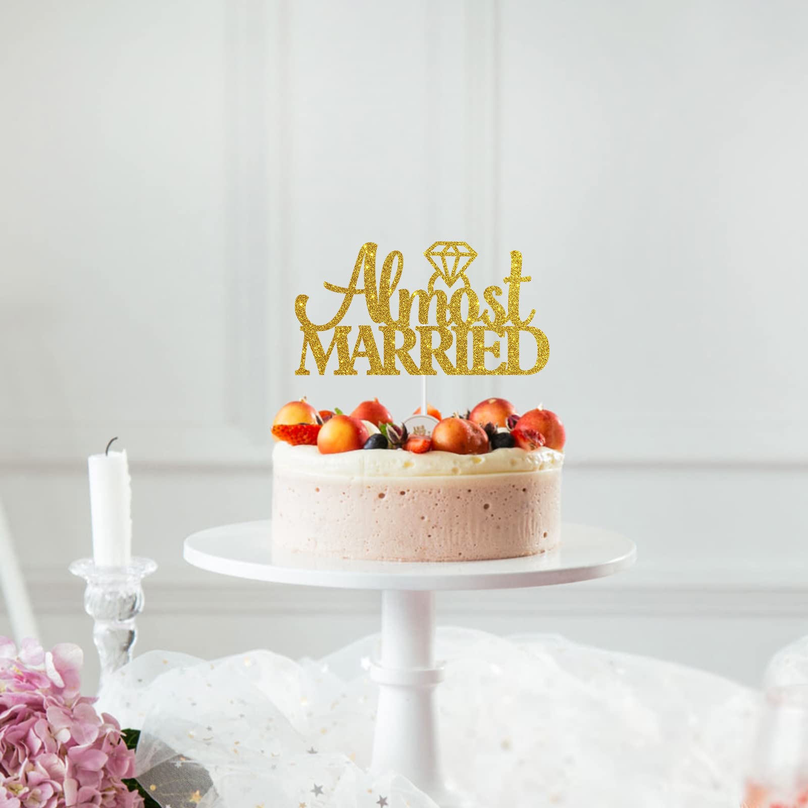 Gold Glitter Almost Married Cake Topper - Wedding Cake Decoration for Engagement, Bridal Shower & Just Married Parties | Elegant Cake Topper for Wedding Cakes, Anniversary Cakes & Celebration Desserts