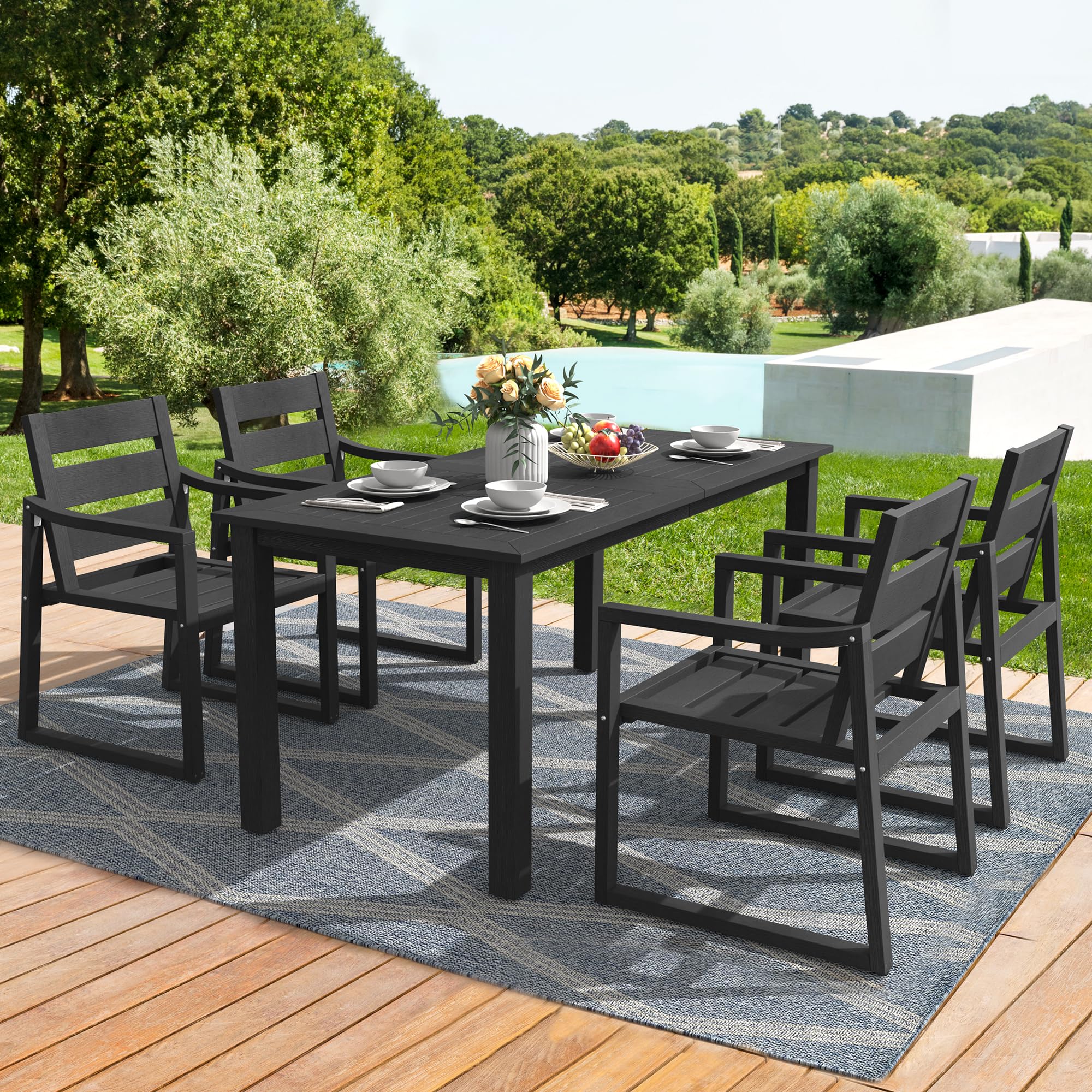 5-Piece Patio Table and Chairs Set - HDPS Outdoor Dining Furniture for Deck, Poolside, Backyard - Weather-Resistant Black Patio Set for Relaxing & Entertaining Outdoors