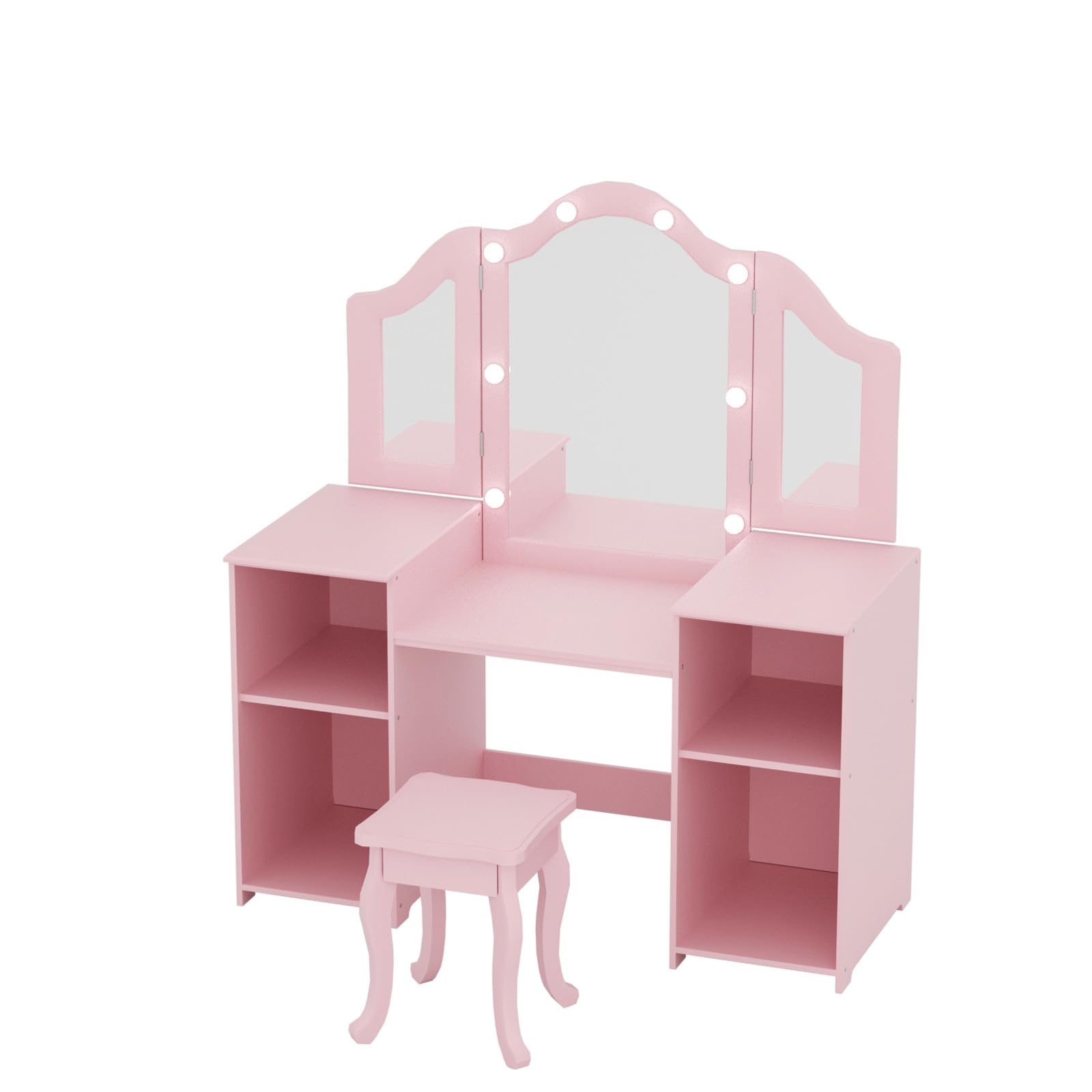 YUFU Kids Vanity Set - 2 in 1 Wooden Makeup Desk & Chair with Removable Tri-Fold Mirror, LED Lights and 4 Storage Compartments | Toddler Dressing Table for Girls (Pink) | Perfect for Pretend Play, Birthday Gifts & Bedroom Decor