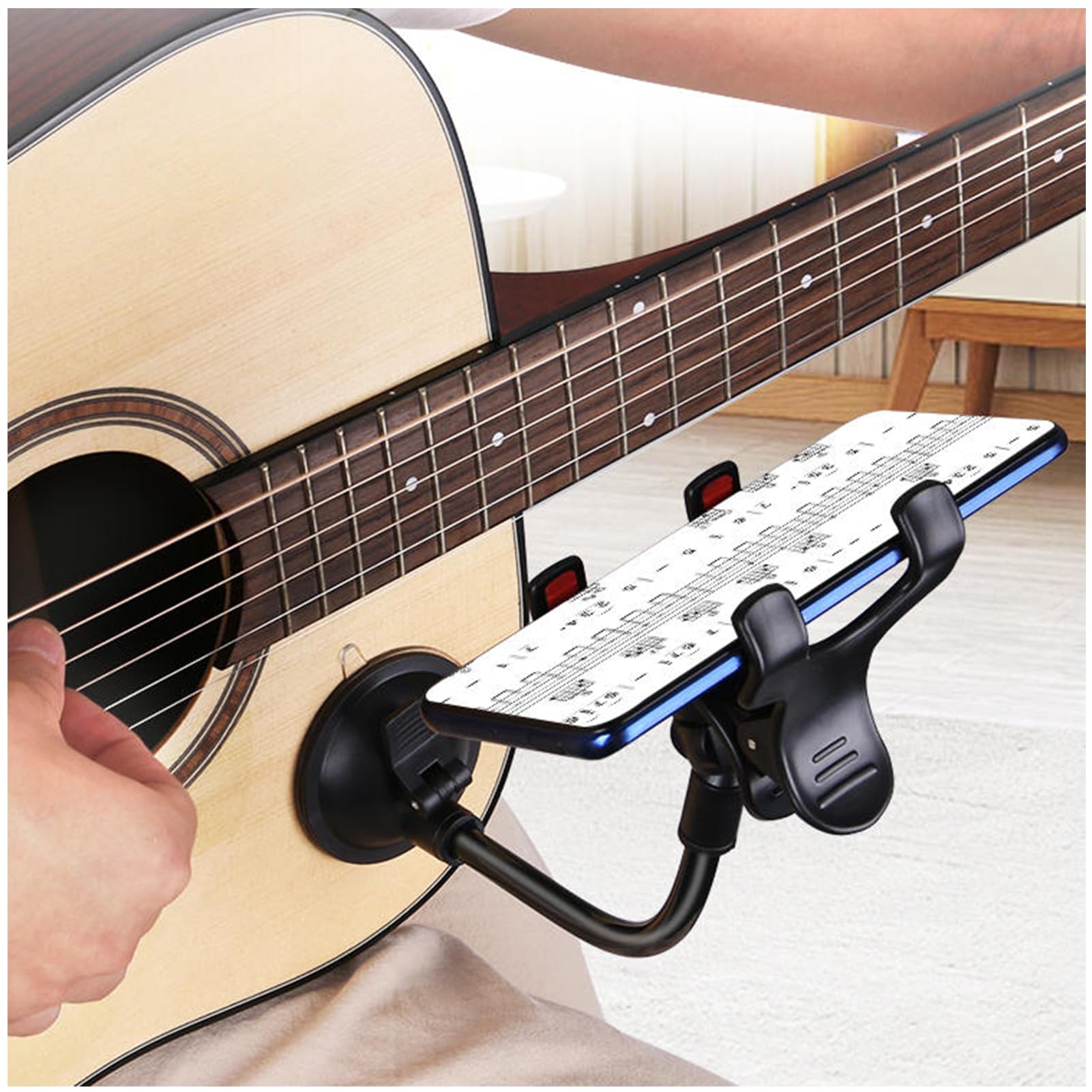 Universal Guitar Phone Holder with Gooseneck Mount - Removable Suction Cup for Acoustic/Electric/Classical Guitars - Hands-Free Music Stand for Sheet Music & Video Recording