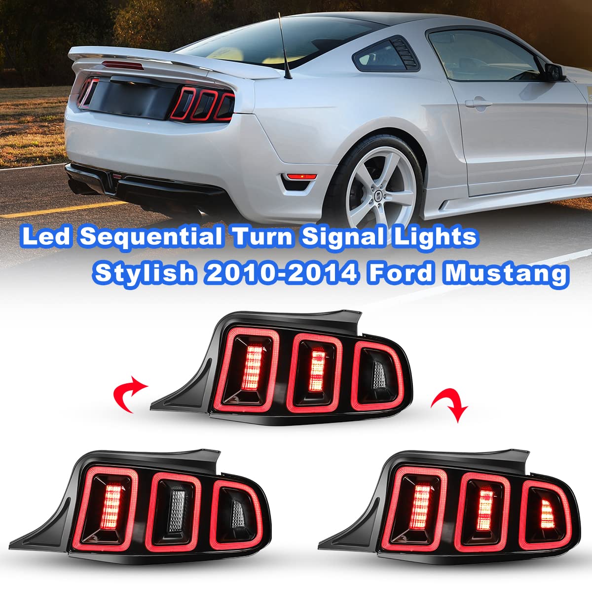 ROXX Full LED Tail Lights Assembly for 2010-2014 Ford Mustang - Red Sequential Turn Signals, DRL & Reverse Lights - Driver & Passenger Side Replacement - Perfect for Night Driving & Car Customization