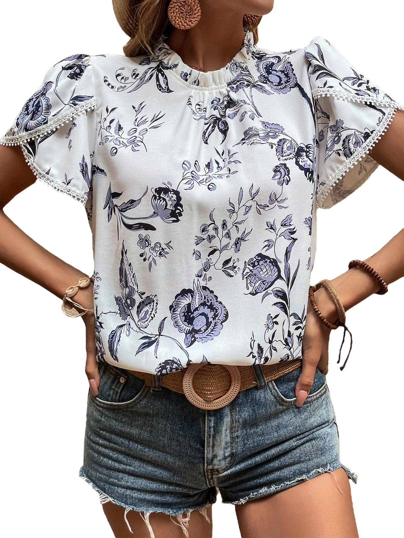 OYOANGLE Women's Floral Print Short Sleeve Blouse - Mock Neck Pleated Office Shirt for Work & Business Casual Wear | Perfect for Office, Meetings, and Professional Events